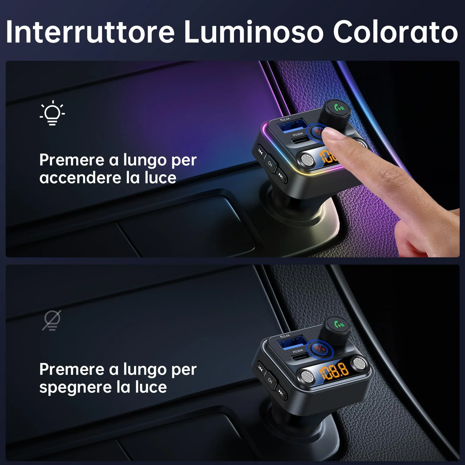 Syncwire Trasmettitore FM Bluetooth 5.4 Auto 42W [Interruttore Luminoso] [Microfoni Doppi Potenziati & Bassi HiFi] [Ricarica Veloce] Adattatore Musicale Wireless per FM Radio, Chiamata Mani Libere