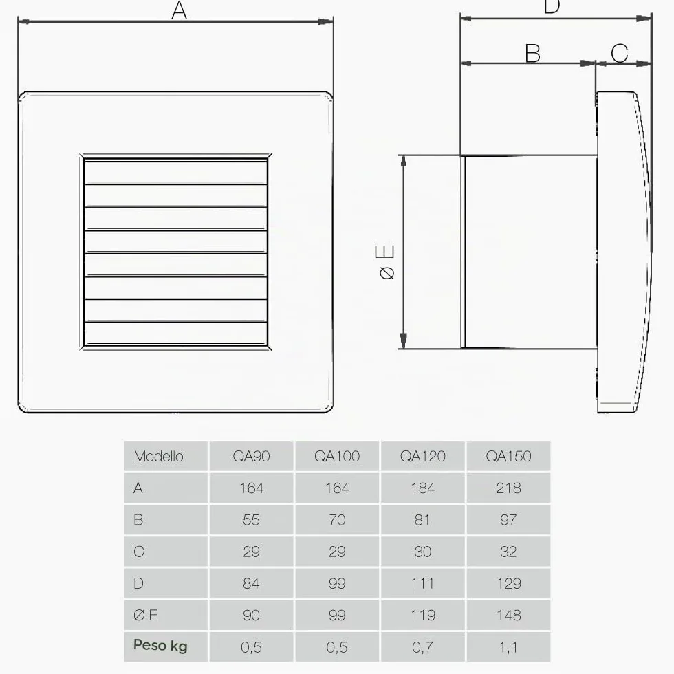 QA100T di Aerauliqa - Aspiratore assiale diam.99mm - 11W - 83m3/h - cod. 001596 - con alette interne automatiche e timer