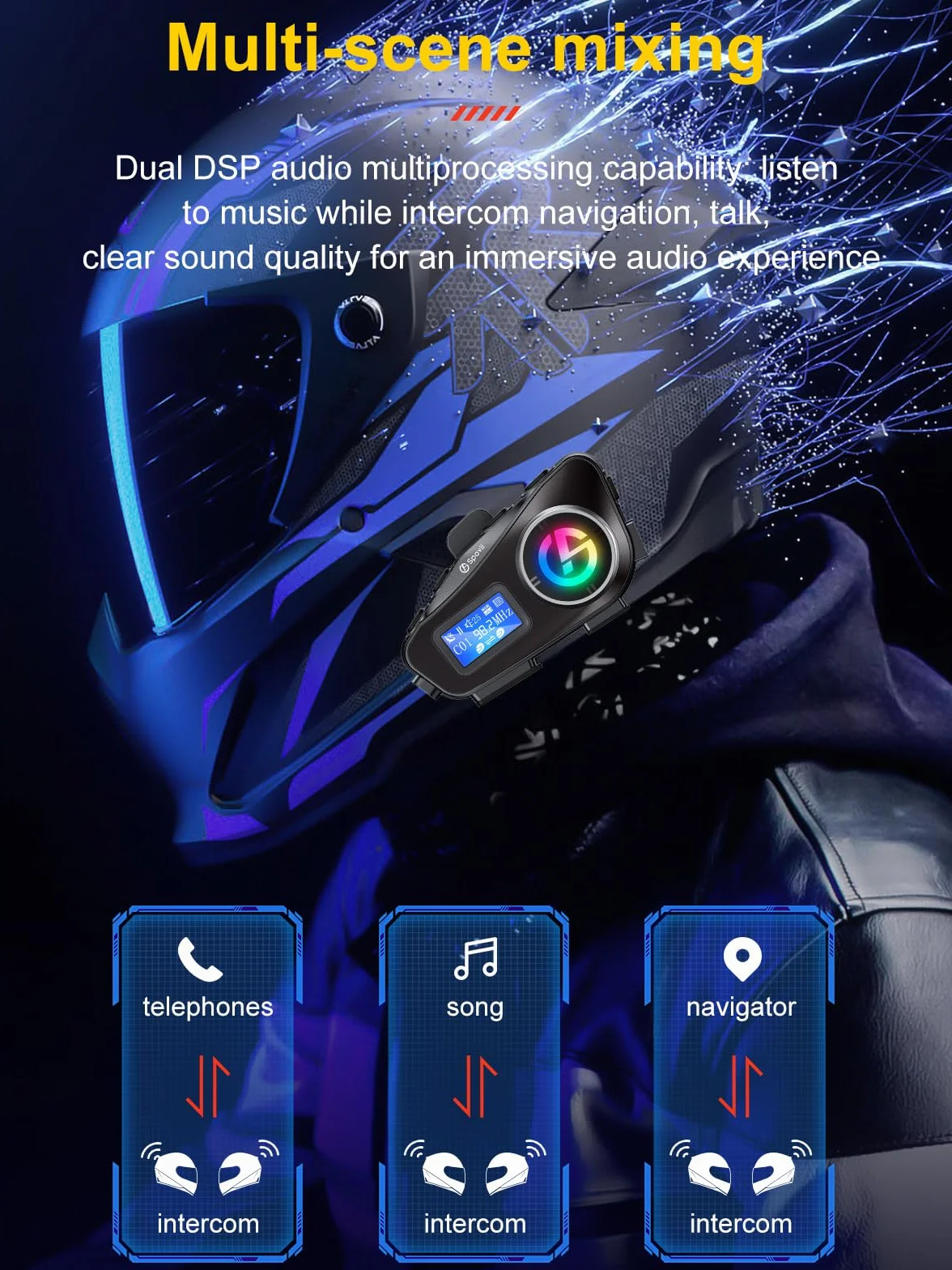 C1 Interfono Bluetooth per Casco Moto, Interfono Moto 500m con Condivisione Musica, Radio FM, Slot Micro SD, Batteria 1000mAh - Compatibile con Diversi Tipi di Casco