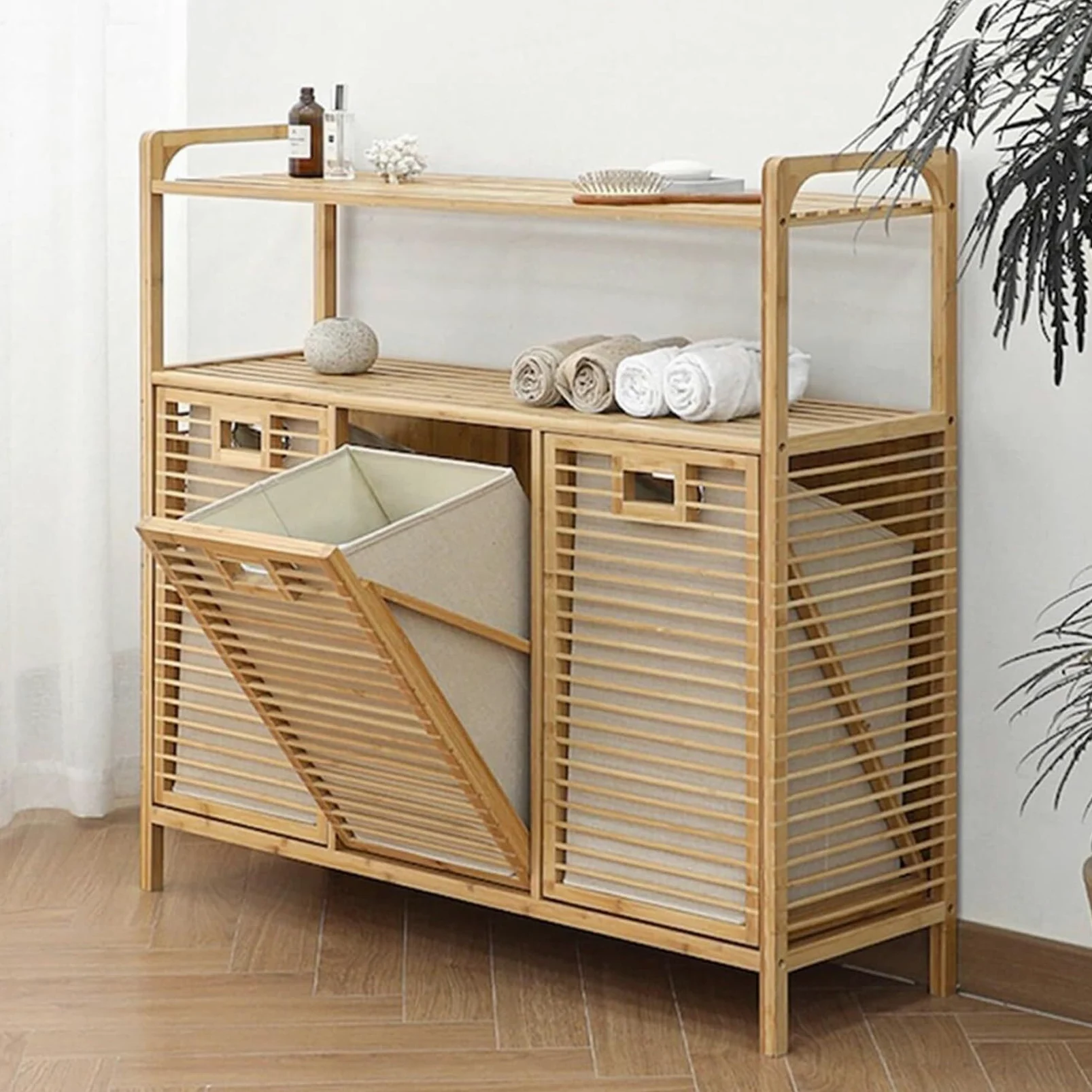 Mobile Portabiancheria Salvaspazio, Cesto Biancheria Sporca Bambù | Mobiletto Bagno Cesta Biancheria Con Ripiani, Contenitore Panni Sporchi Sacchi(2 storage shelves with Shelf)