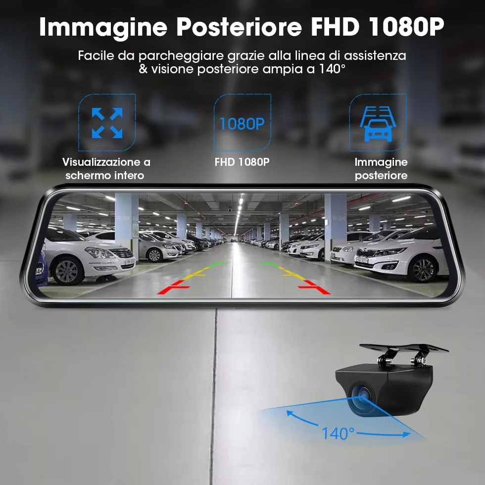 【Neue Version】Jansite Specchio Retrovisore Auto 10 pollici Touchscreen, Posteriore e anteriore 1080P Mirror Dash Cam Specchietto Retrovisore con Cavi da 10m, Visione notturna grandangolare 170°