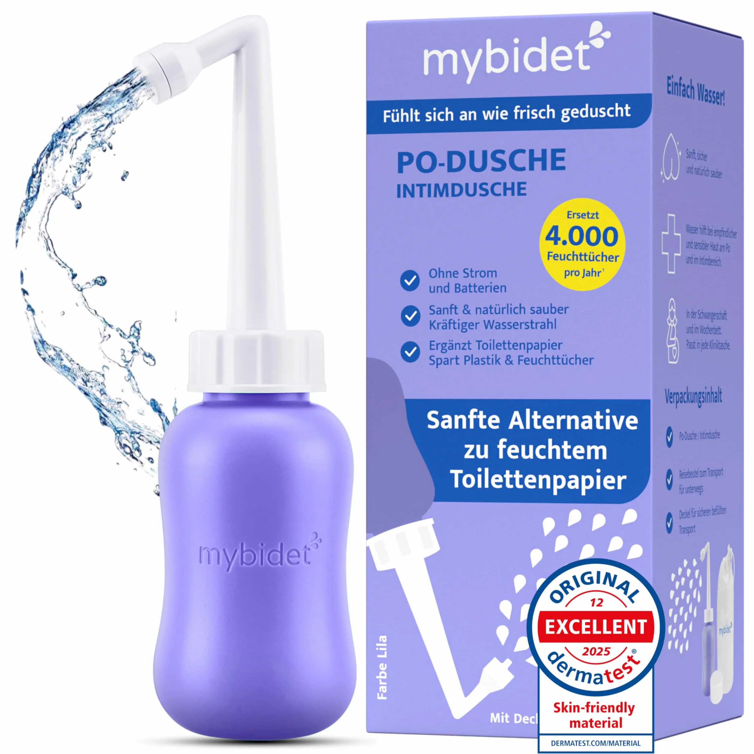 Doccia Intima 3.0 Po con Borsa da Viaggio e Coperchio, Facile da Premere, per Gravidanza, Puerperio, Glutei Doloranti, Bidet o Doccia Popo, Materiali Ecologici e BPA-free, Viola