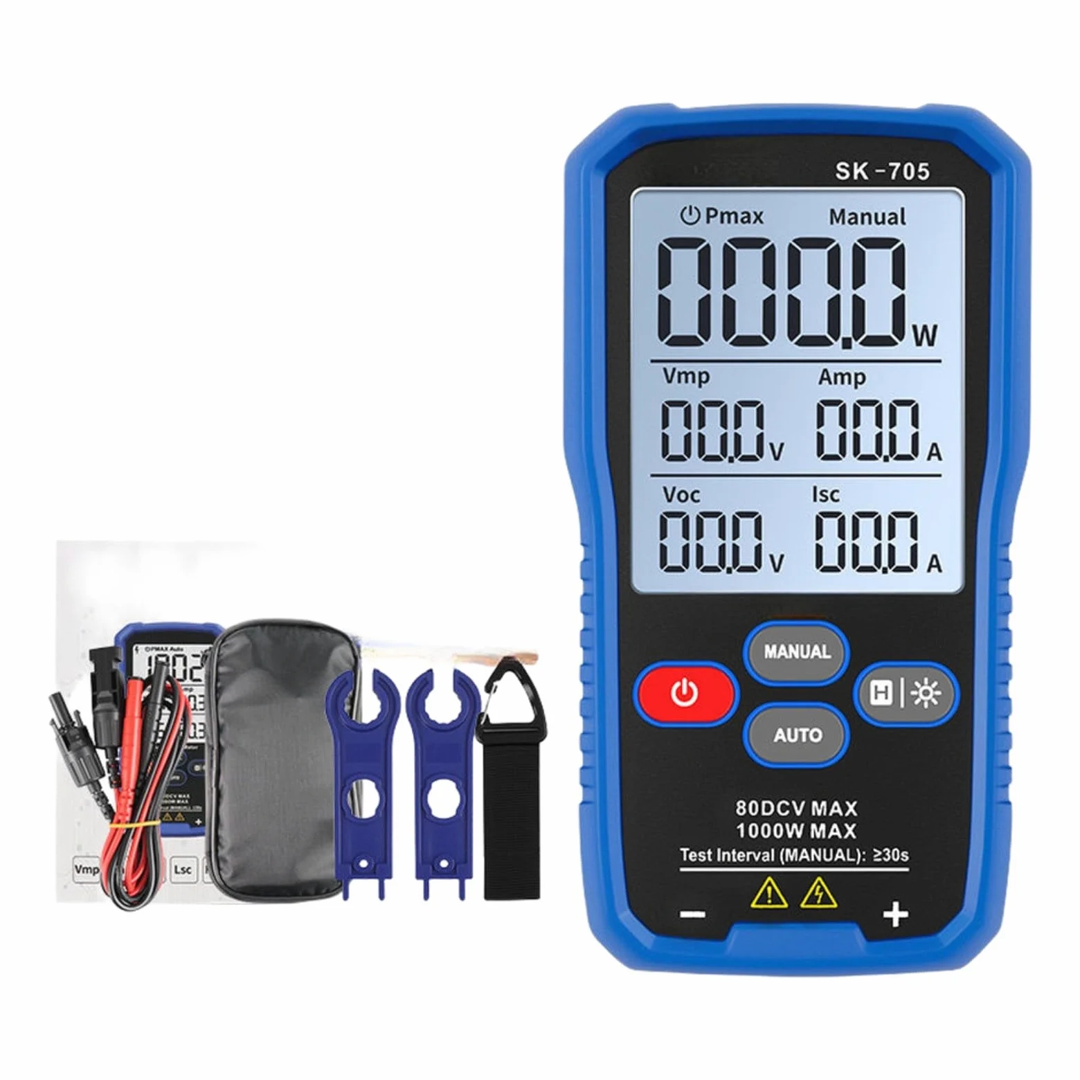SK-705S, tester di potenza fotovoltaica con tecnologia MPPT per pannello solare, capacità massima 2000W, display LCD da 3,2 pollici, gamma automatica/manuale, design portatile (SK-705)
