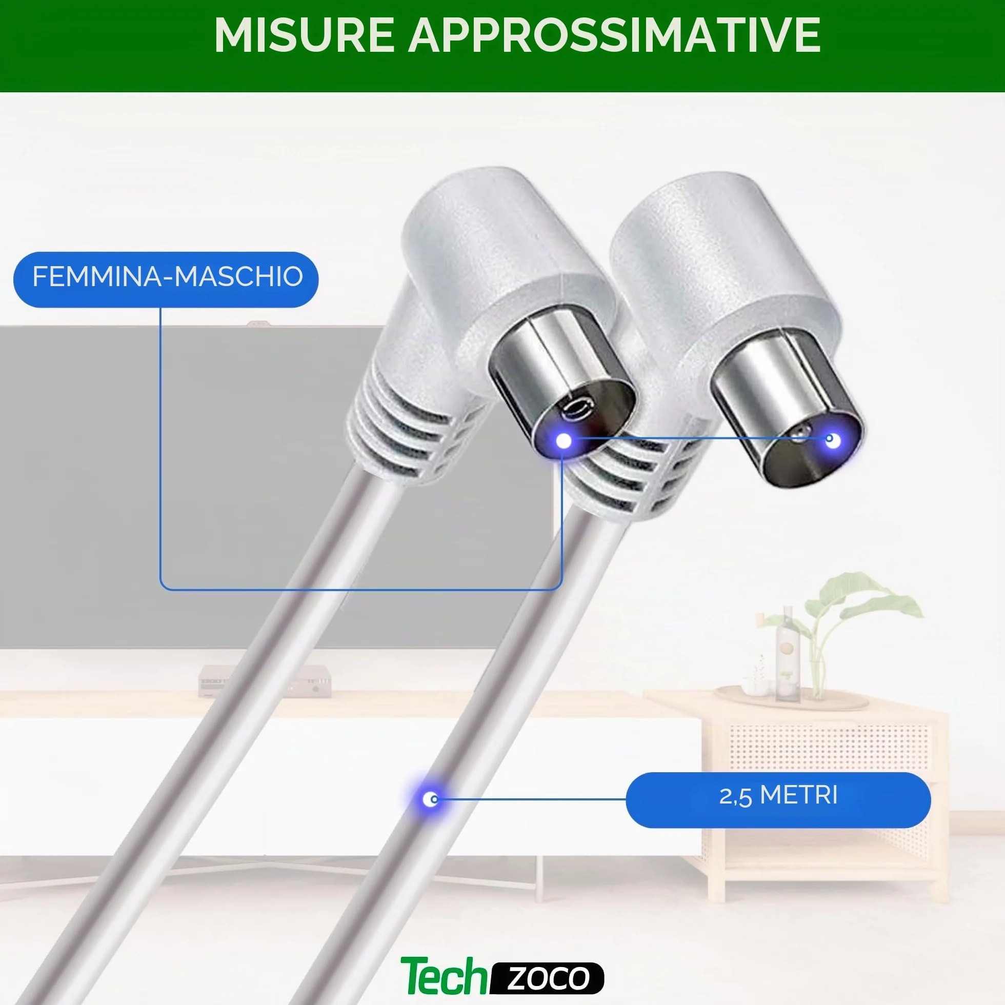 TECHZOCO Cavo antenna TV maschio femmina, coassiale 90°, per TV e decoder, 70dB, HDTV, DVB-T2/C/S, 75 Ohm, bianco, 2,5 metri