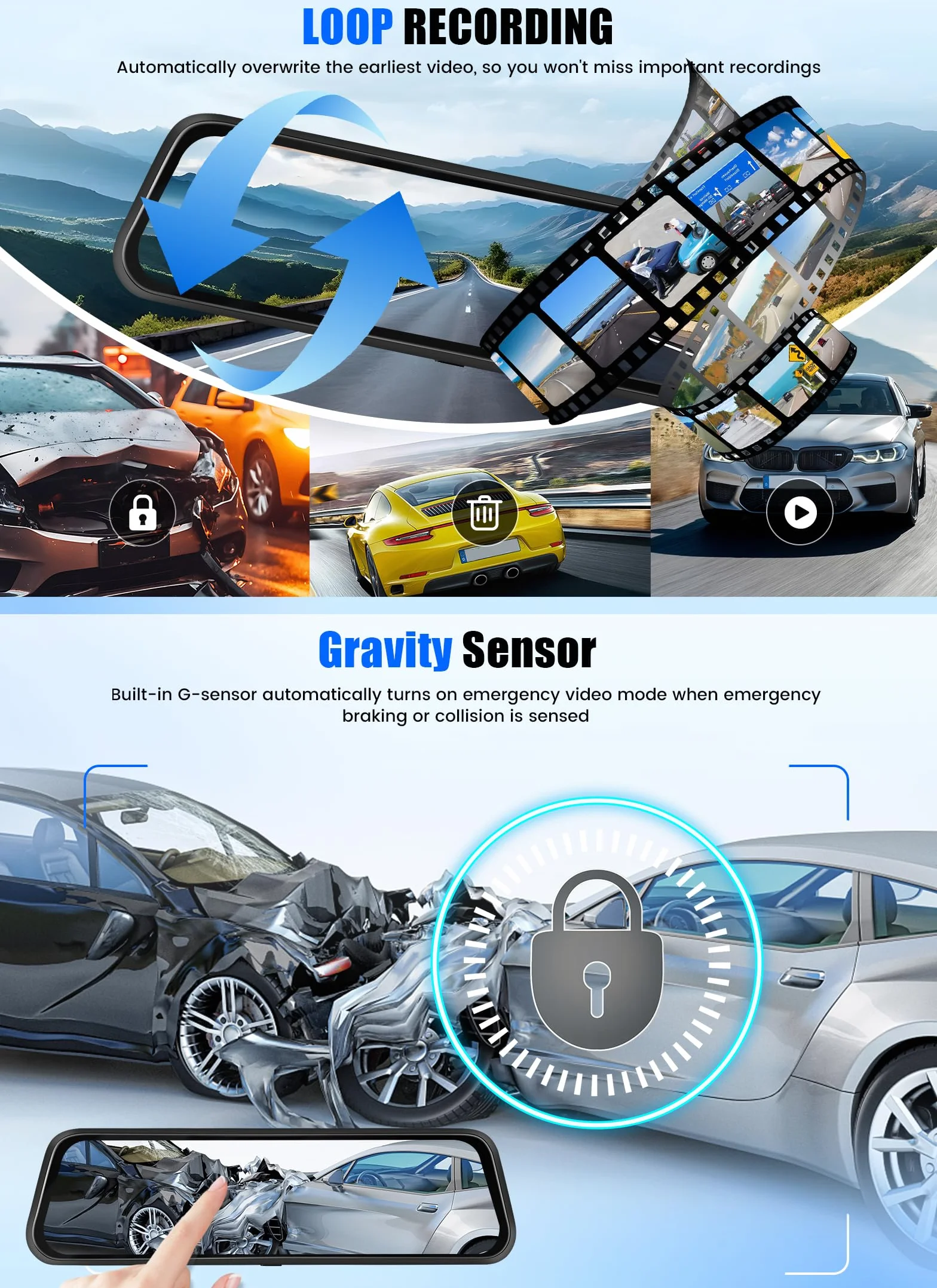 CAMECHO Mirror Dash Cam Schermo da 9.66 pollici 2K, Dashcam con TRE Telecamere: Anteriore/Interna/Posteriore -WiFi registrazione loop/sensore di gravità/assistenza al parcheggio