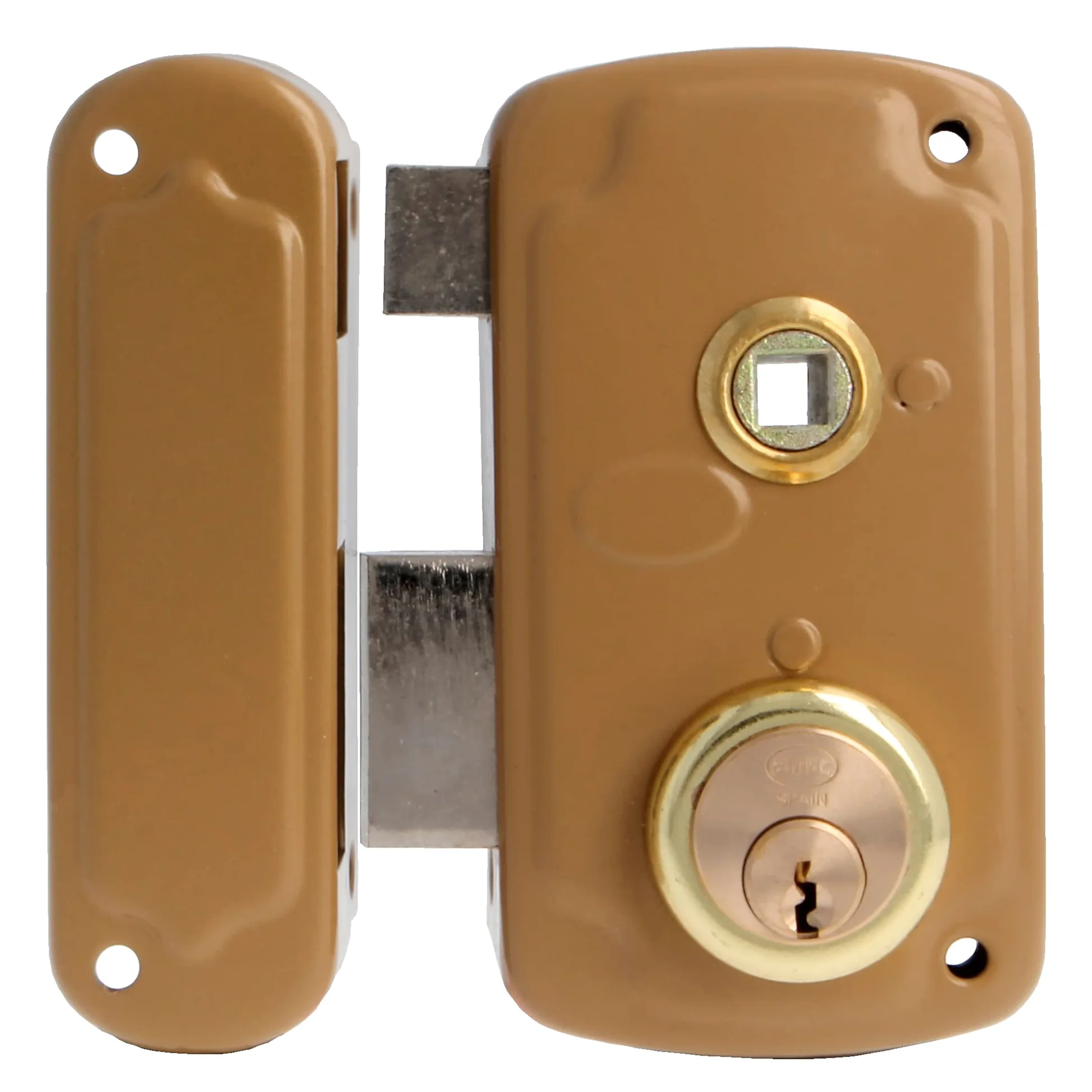 Amig - Serratura da sovrapposizione a sinistra con leva di chiusura, linguetta e maniglia per porte in legno mod. 75UN 66 x 120 mm Cilindro rotondo di sicurezza in acciaio dorato