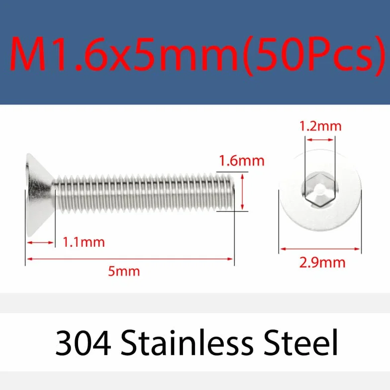 Bulloni a testa svasata M1.6 x 5mm Acciaio inossidabile 304 50 Pz