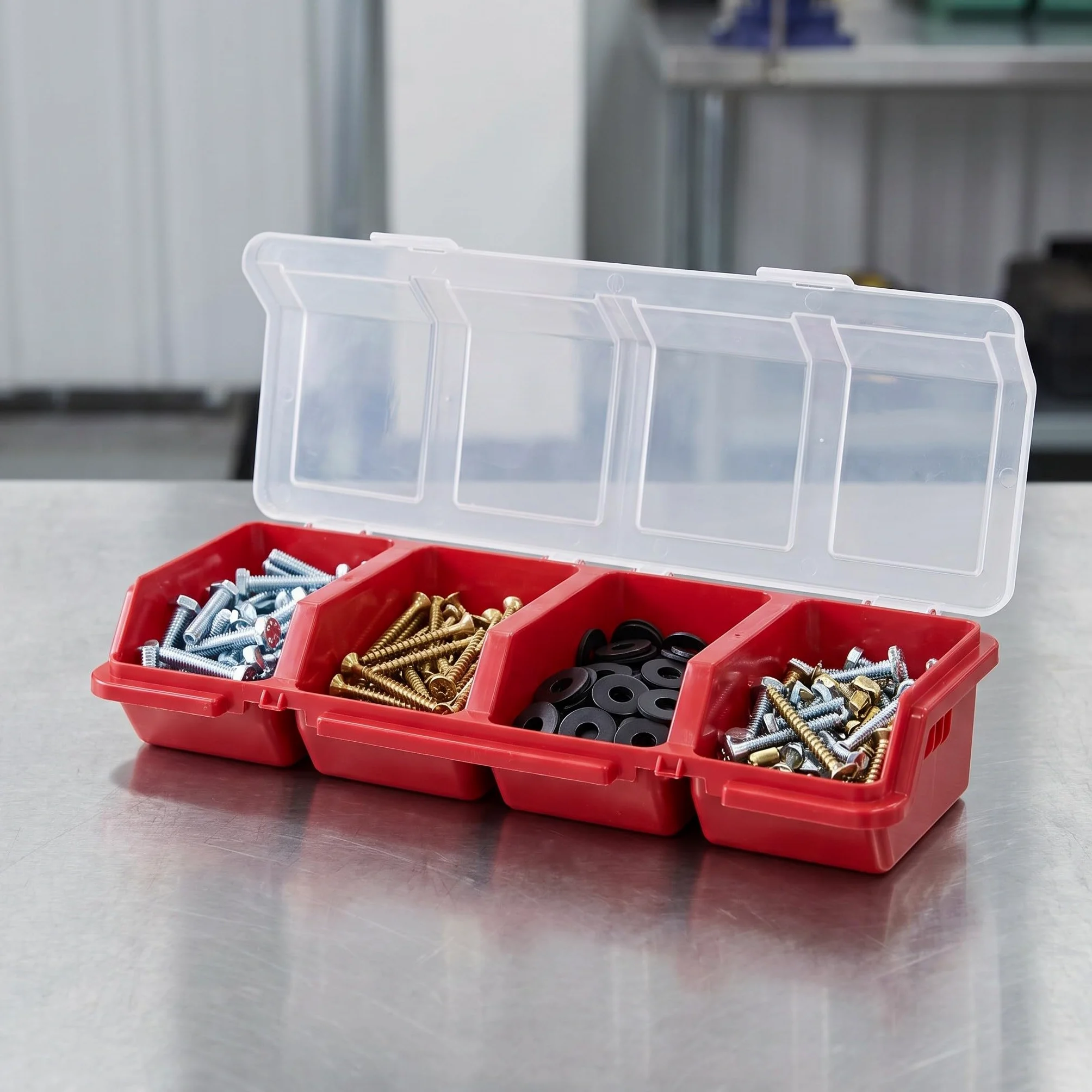 Set di 4 organizer per piccoli componenti - Valigetta portatile per riporre ferramenta con 4 divisori, coperchio trasparente e cassetta degli attrezzi per viti, bulloni, chiodi, elementi di