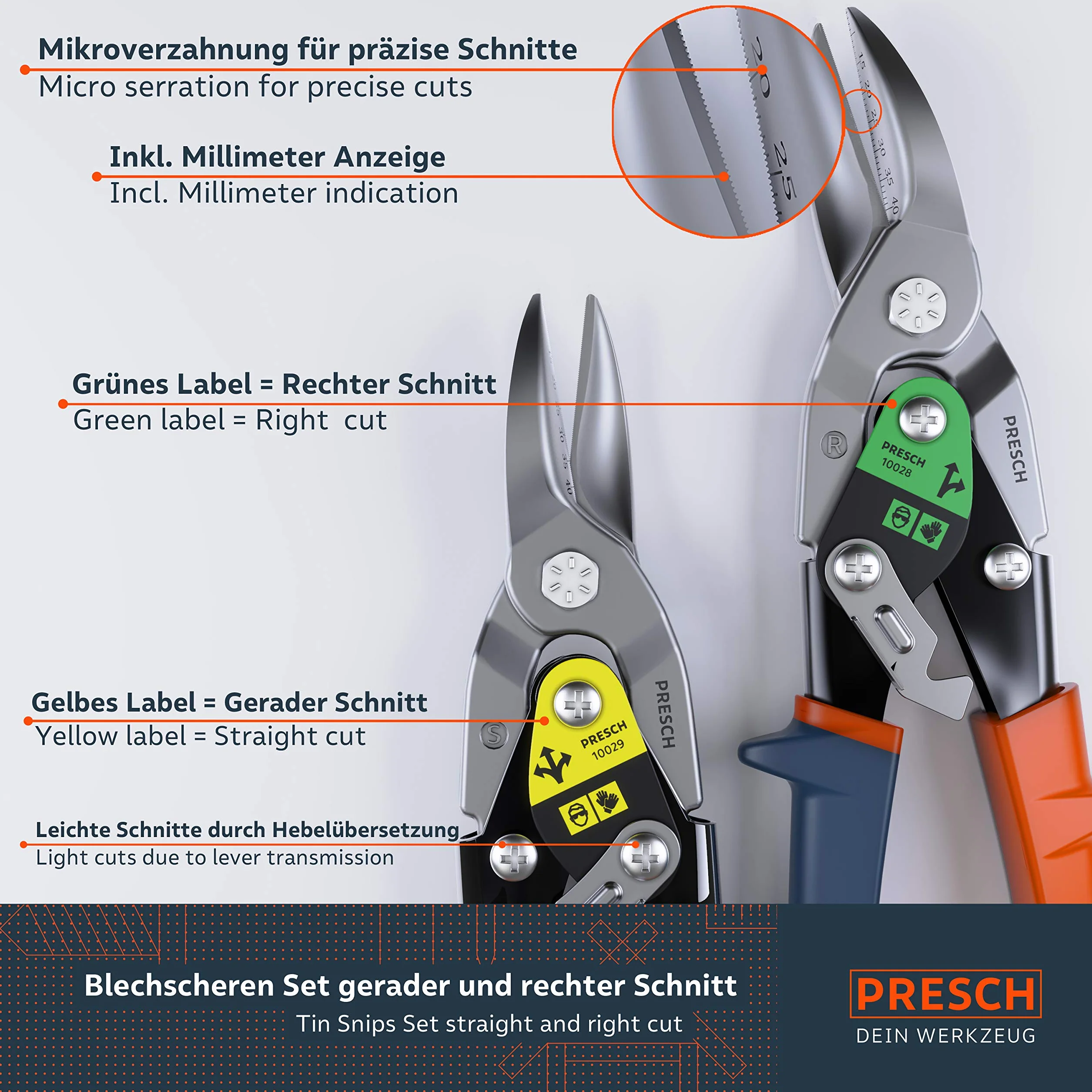 Presch Cesoie Lamiera Professionali Set - Forbici Lamiera Dritte e Taglio Destro con Guadagno Meccanico