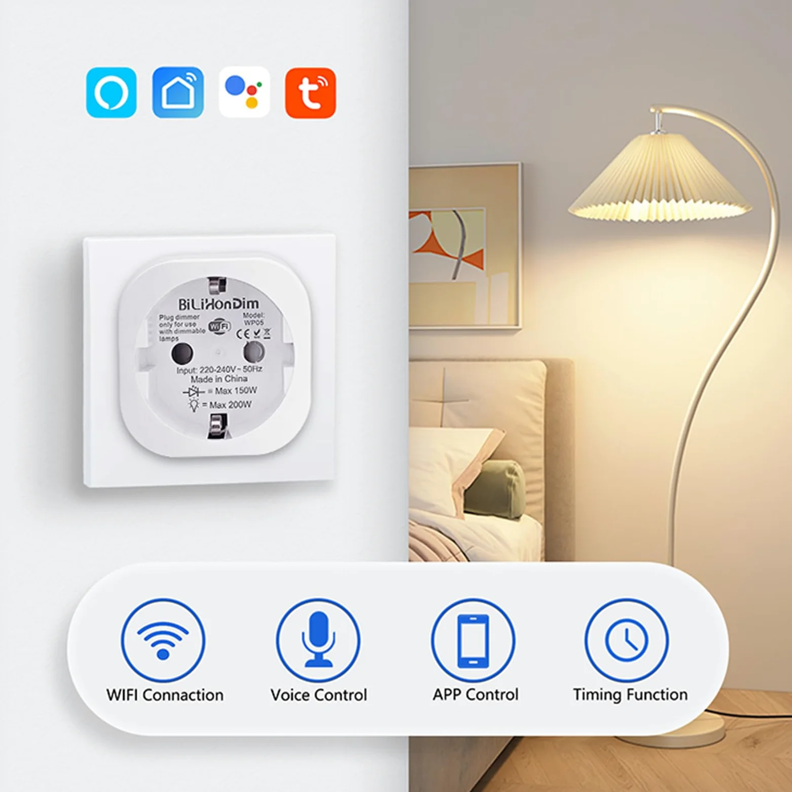 Presa intelligente con dimmer Wi-Fi, compatta, controllo vocale e app, compatibile con Smart Life, senza hub, per lampade LED dimmerabili