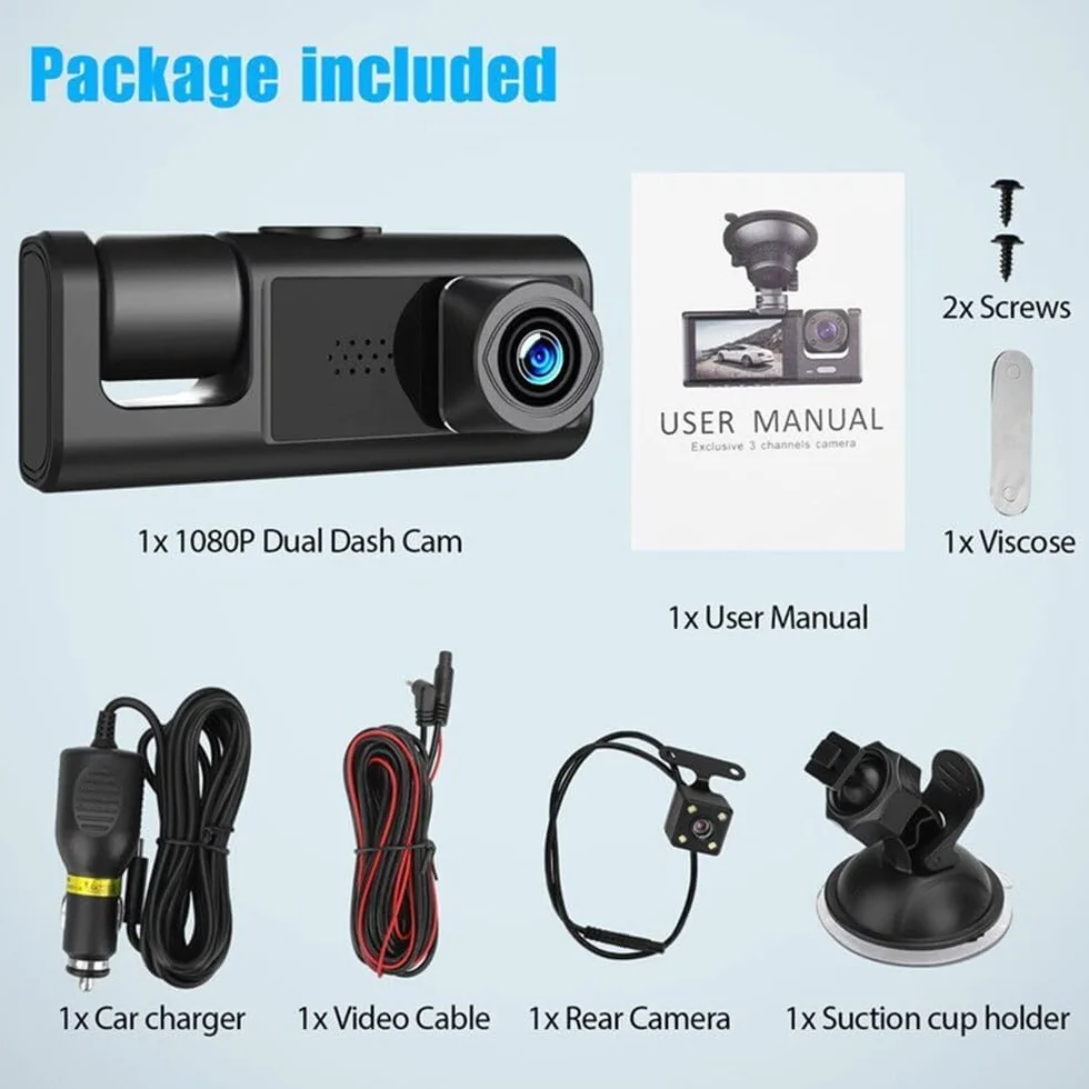 Dash Cam Auto 3 Lenti Full HD 1080P, Tripla Videocamera Frontale + Abitacolo + Posteriore, Visione Notturna, Monitoraggio Parcheggio 24H, Display Integrato, Installazione Facile con Supporto Ventosa