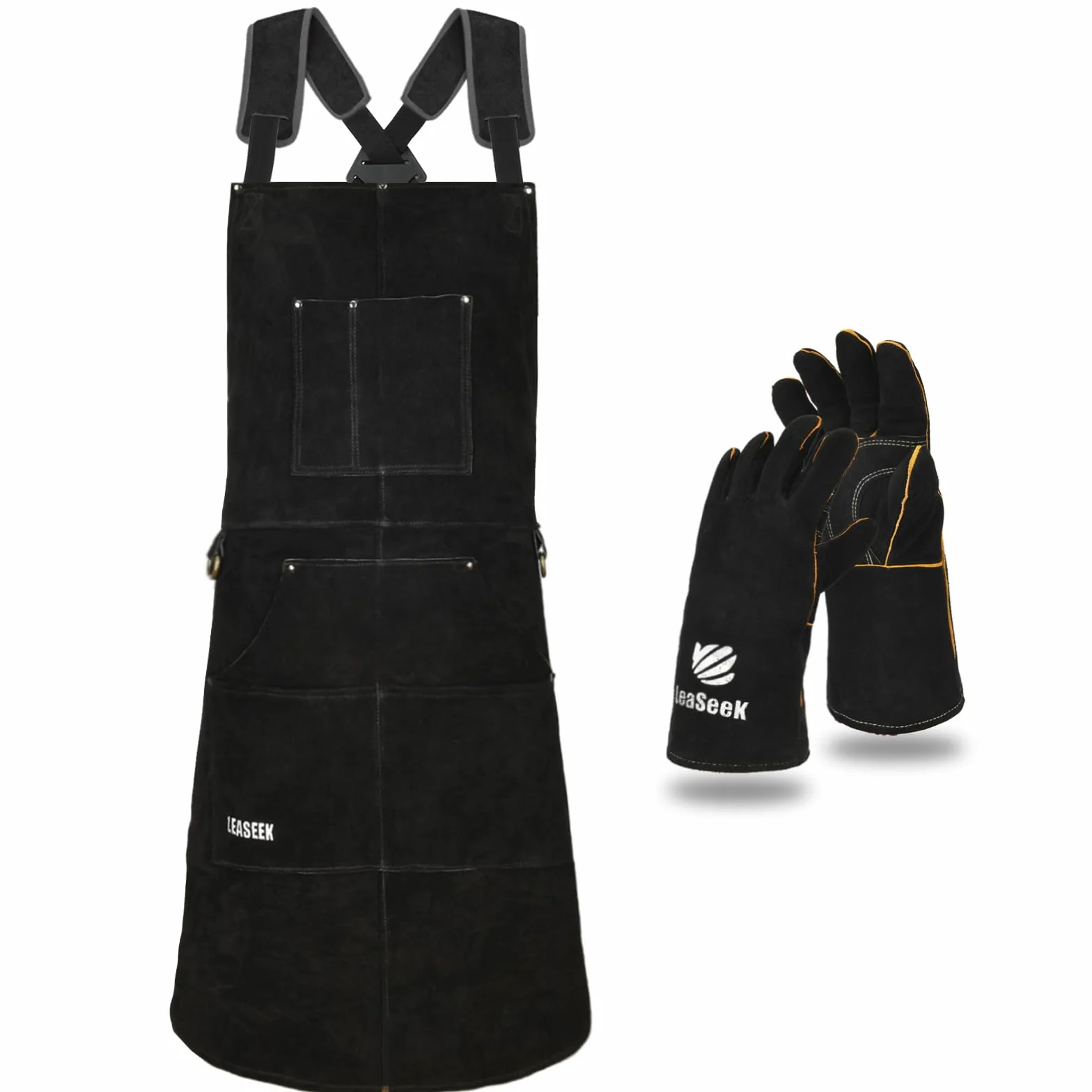 Leaseek Grembiule Saldatore Professionale in Pelle,Grembiule da Lavoro di Cuoio Molto Resistente per Fabbro o Falegname,resistente al calore e ignifugo, con 6 tasche