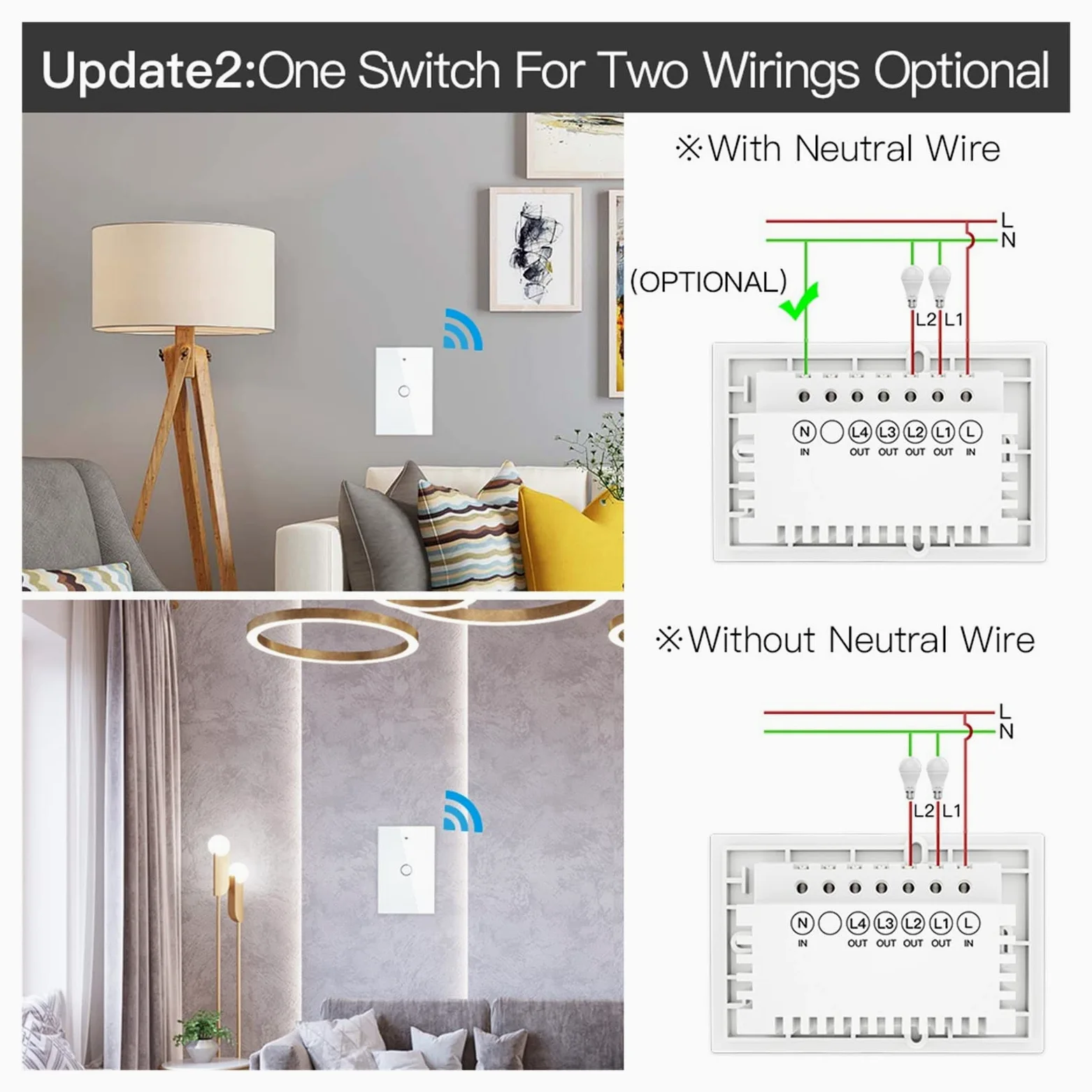 Interruttore smart wifi, Interruttore della luce intelligente touch a parete con neutro/nessun neutro, nessun condensatore Smart Life/Tuya funziona con Alexa, Google Hub richiesto installazione facile