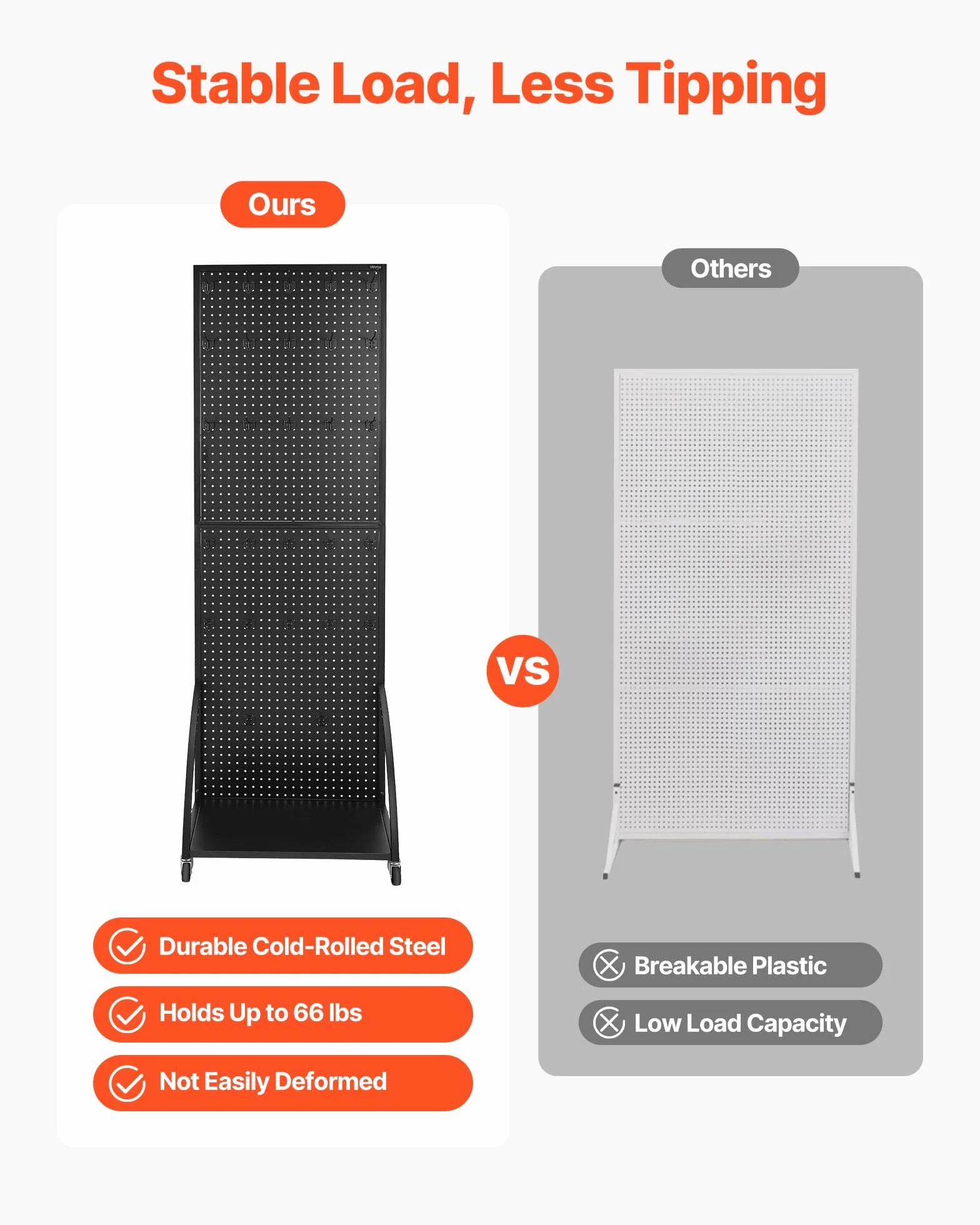 VEVOR Espositore per Pannello Forato 600 x 1770 mm con Ruote e Ganci, Acciaio Laminato a Freddo, Nero