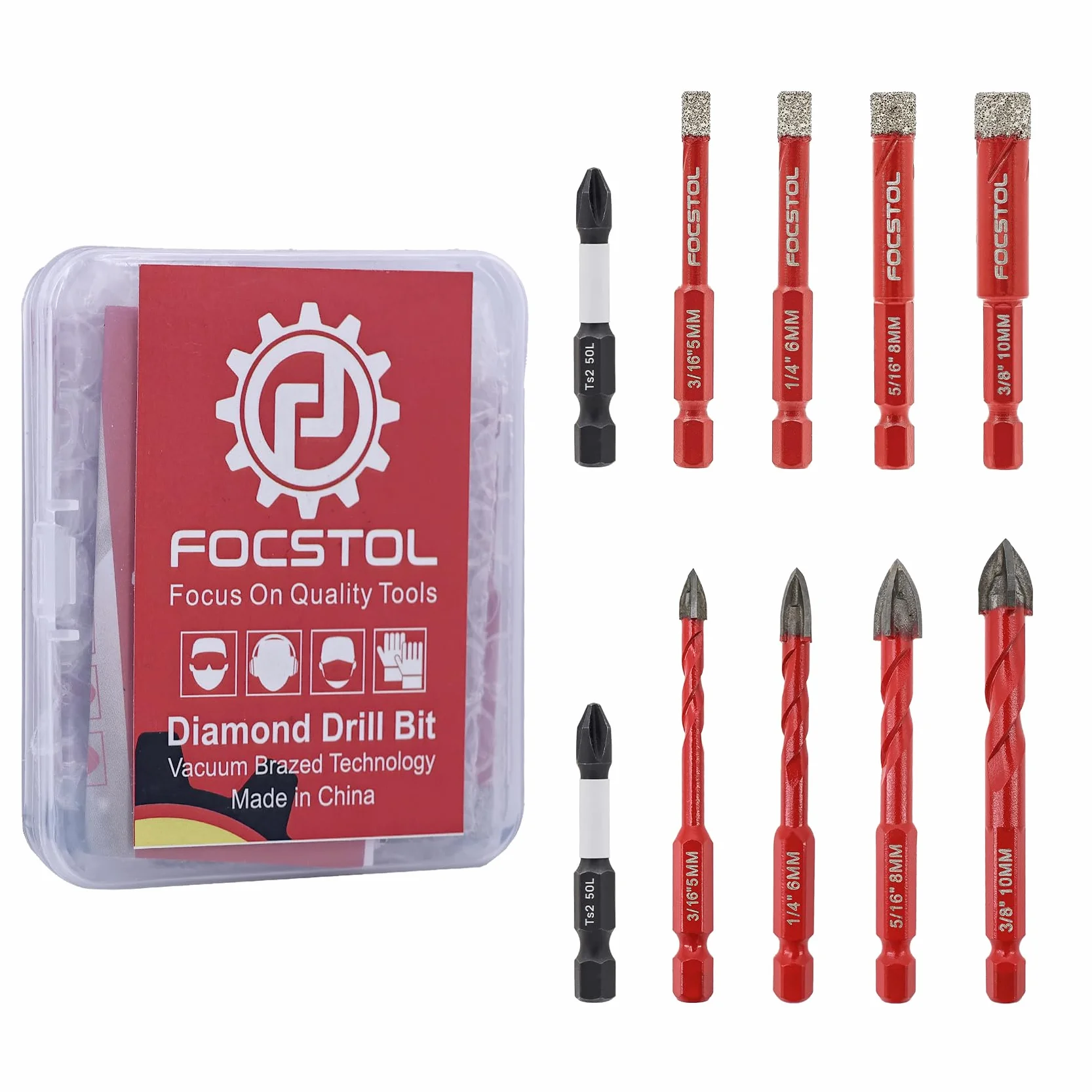 FOCSTOL Set di Punte Diamantate 10 pezzi, Punte per Piastrelle per Praticare Fori in Porcellanato Gres Ceramica Marmo Granito Vetro, con Attacco Esagonale a Cambio Rapido, 5/6/8/10mm