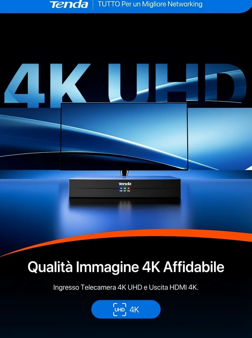 Tenda TN3108-8P NVR Sistema di Sorveglianza 4K, Trasmissione 250m, H.265+, Plug&Play, Supporto HDD fino a 10 TB (non incluso)/Archiviazione Cloud, Protezione Fulmini 4KV, App Controllo Remoto