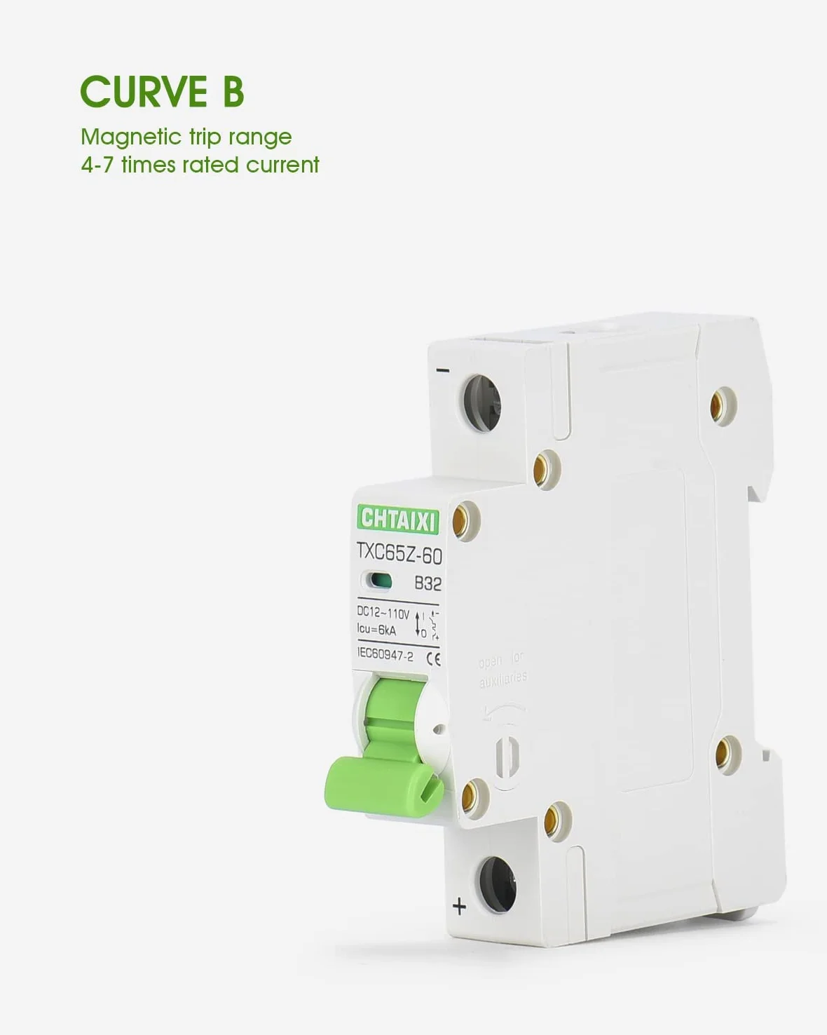 Interruttore automatico in miniatura, 12 V-110 V CC, 32 Amp 1 polo, protezione per interruttore batteria per sistemi solari fotovoltaici e camper, viaggio magnetico termico, montaggio su guida DIN