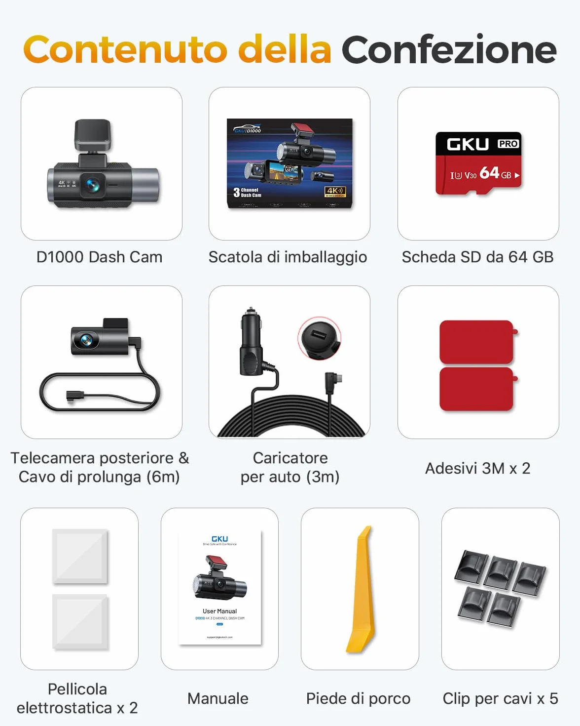 GKU 3 Canali Dash Cam Auto, 4K+1080P+1080P Telecamera per auto, Mini Dashcam IPS 3" con Scheda SD 64G, 5GHz WiFi e GPS, 24H Monitor di Parcheggio,Visione Notturna,WDR,Grandangolo 170°,Sensore G