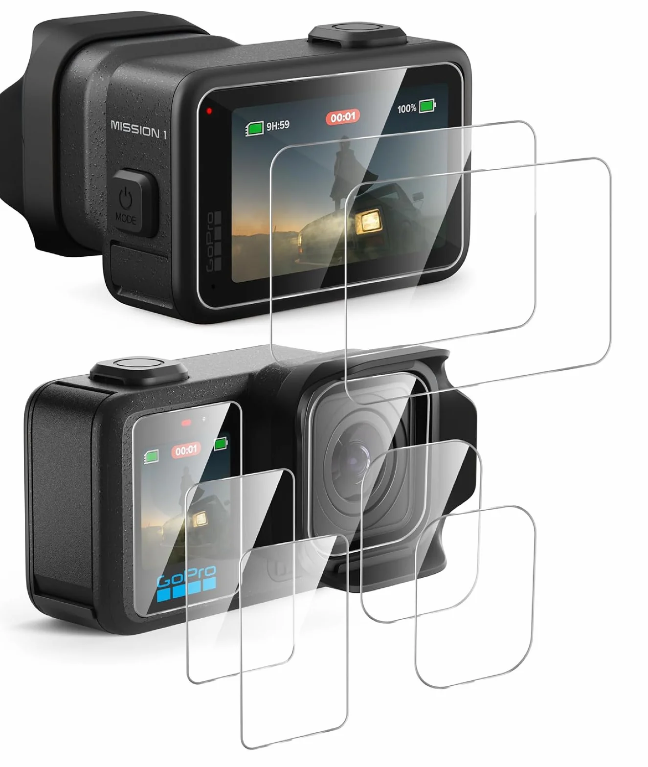 GIOPUEY Vetro Temperato Compatibile con GoPro Mission 1 PRO, 4 Pezzi Pellicola Prottetiva e 2 Pezzi Pellicola Fotocamera, HD, Resistente ai Graffi, Senza Bolle (Transparent)