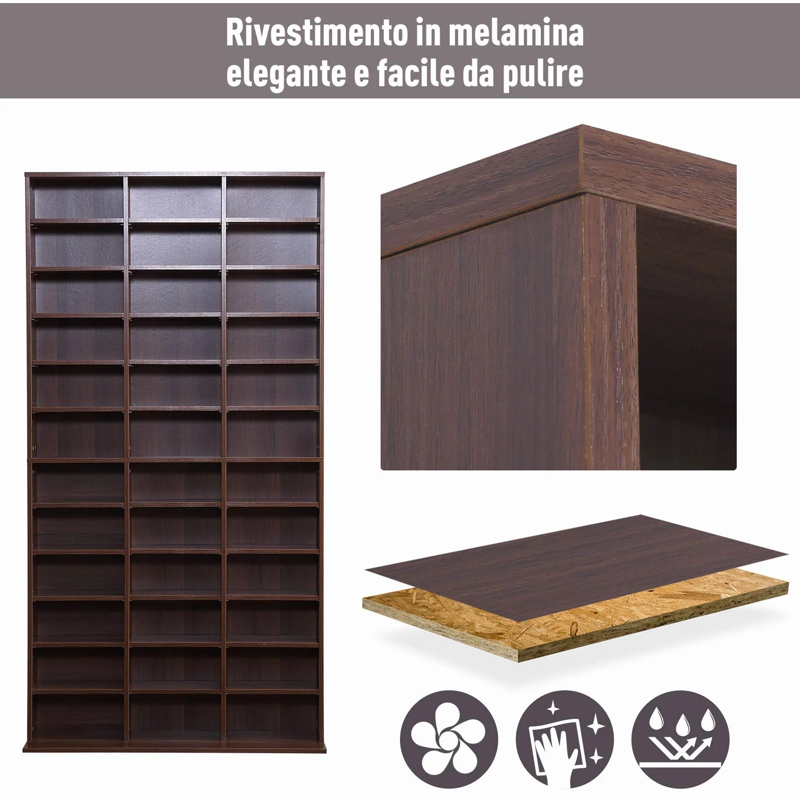 HOMCOM Mobile Porta CD con Ripiani Regolabili, Scaffale Porta 1116CD/528DVD Salvaspazio in Legno, Mobile Portacd con 36 Scomparti, per Soggiorno, Camera da Letto, Ufficio, 102x23.5x195 cm, Marrone