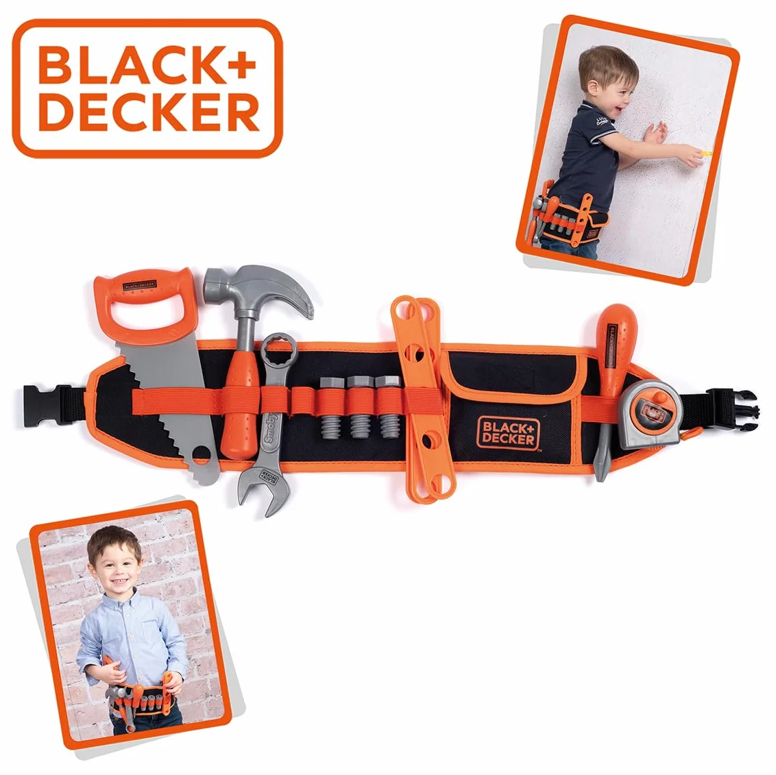 Smoby - Black+Decker - Cintura portautensili - Cinghia regolabile - 14 accessori - Sega, cacciavite, chiave combinata, metro a nastro, viti, righelli, dadi - Dai 3 anni