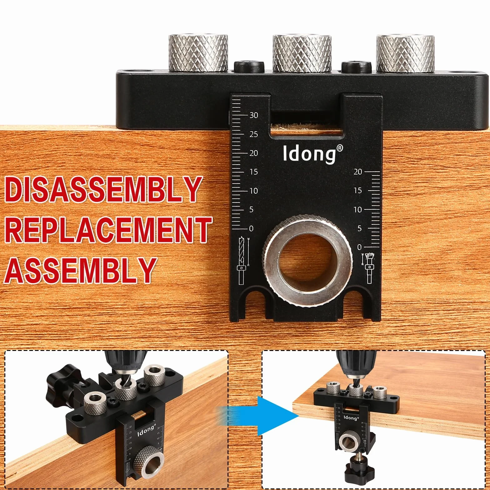 Idong 8/10/15mm Dima per Spinatura Legno 3 in 1 Fori a Tasca Kit Guida Trapano con Clip Regolabile