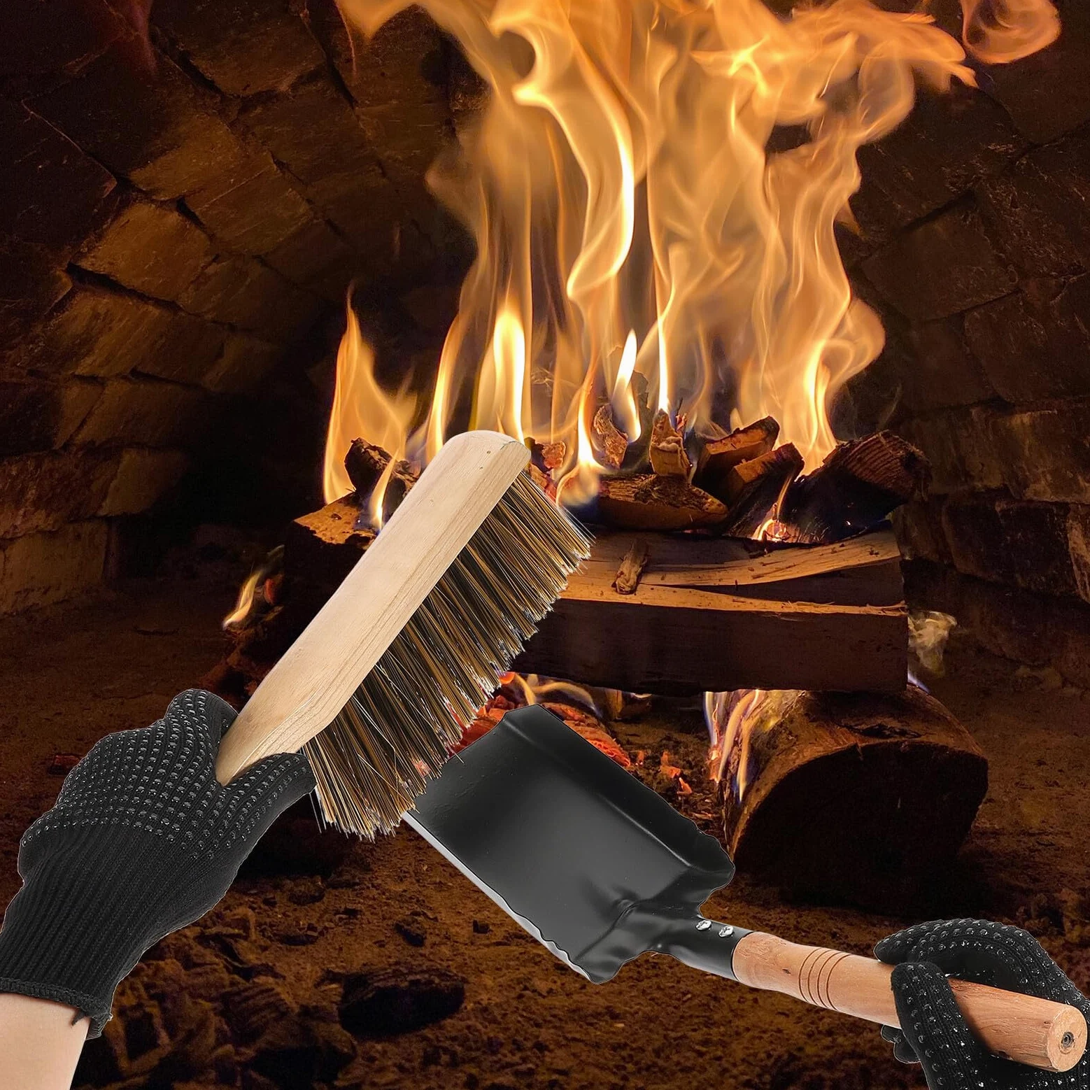 Mobestech Set Pala per Pulizia Stufa e Caminetto in Ferro Spazzola in Legno, Multiuso per Cenere Carbone e Detriti, Accessorio per Manutenzione Riscaldamento Casa