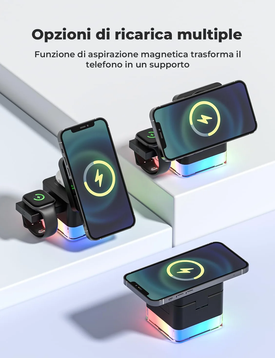 Caricatore Wireless 4 in 1, Qi Ricarica Rapida, Caricatore Compatibile Con Lampada da Comodino, per iPhone Serie 12/13/14/15/16, Airpods 2/3/Pro, iWatch