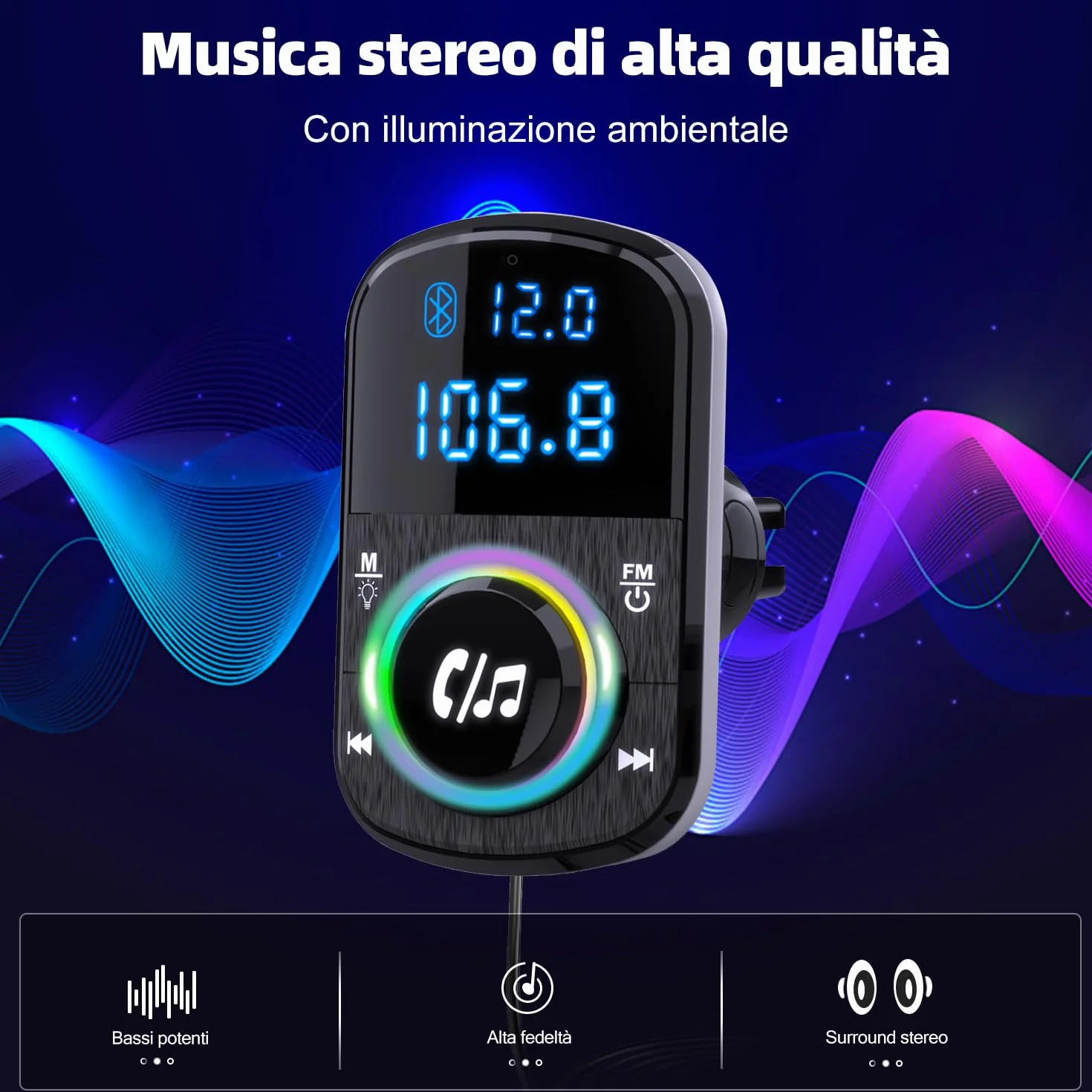 GizmoVine Bluetooth Coche, Transmisor FM, Soporte Manos Libres/QC3.0 y PD Cargador Rápido/Luz Ambiental/Base Autoadhesiva y Clip con Cable 1.1 - Reproductor de Música con Tarjeta BT/TF