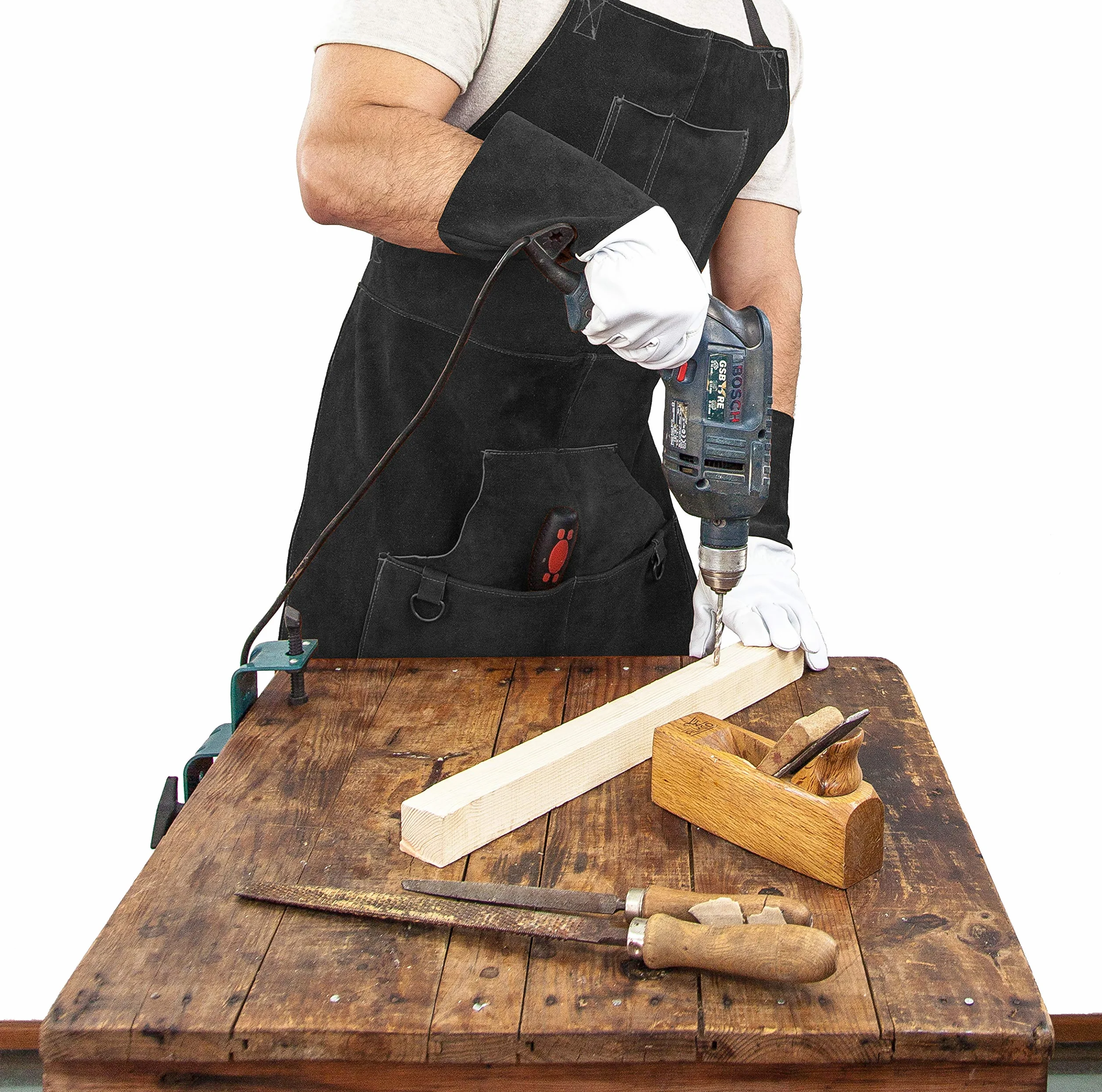 Grembiule Saldatore Professionale in Pelle con 6 Tasche per Utensili. Grembiule Uomo da Lavoro di Cuoio Molto Resistente per Fabbro o Falegname