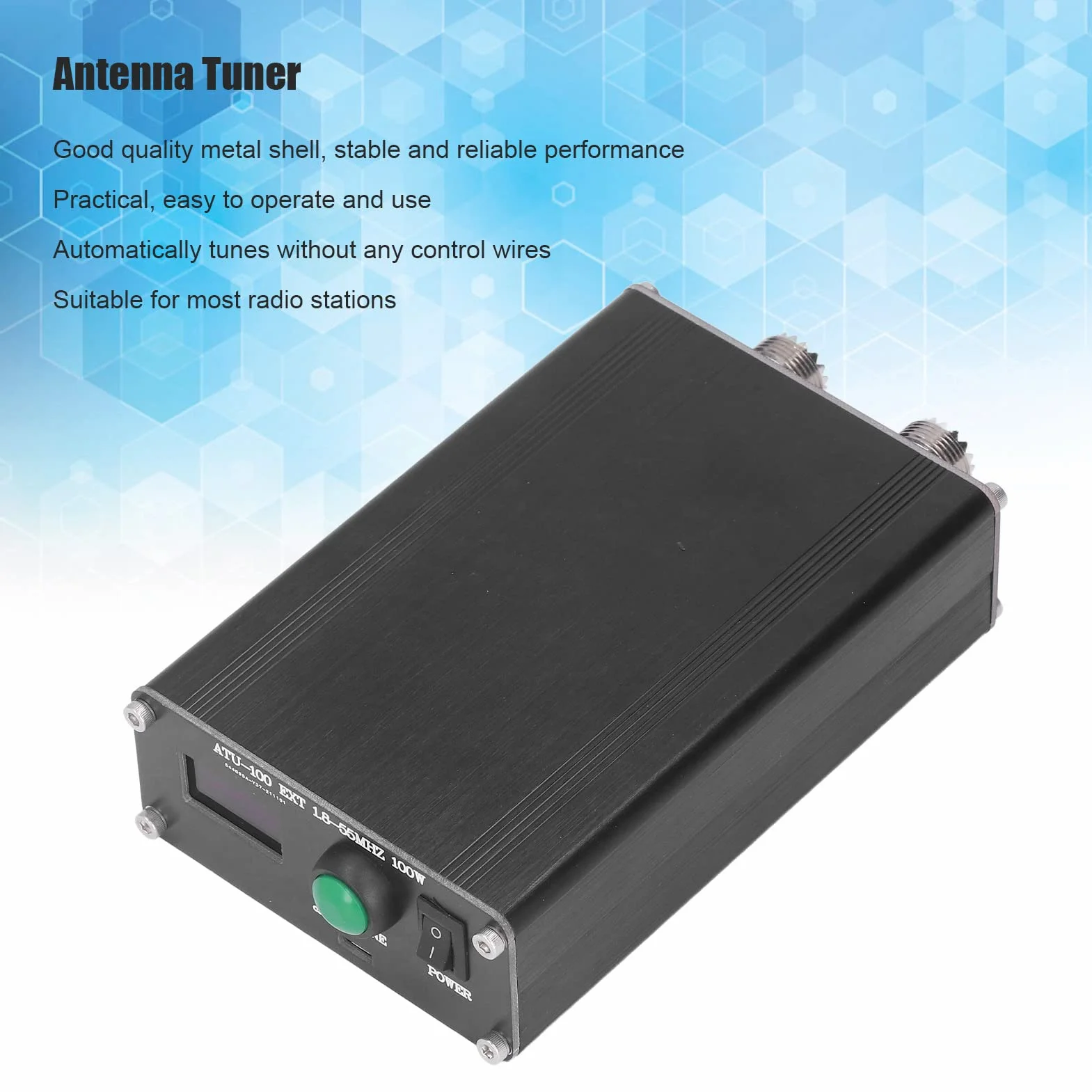 Sintonizzatore automatico dell'antenna ATU-100 1.8-50MHz, sintonizzatore automatico dell'antenna a onde corte aperto da 100W, tester in lega di alluminio OLED da 0,95 pollici con alloggiamento