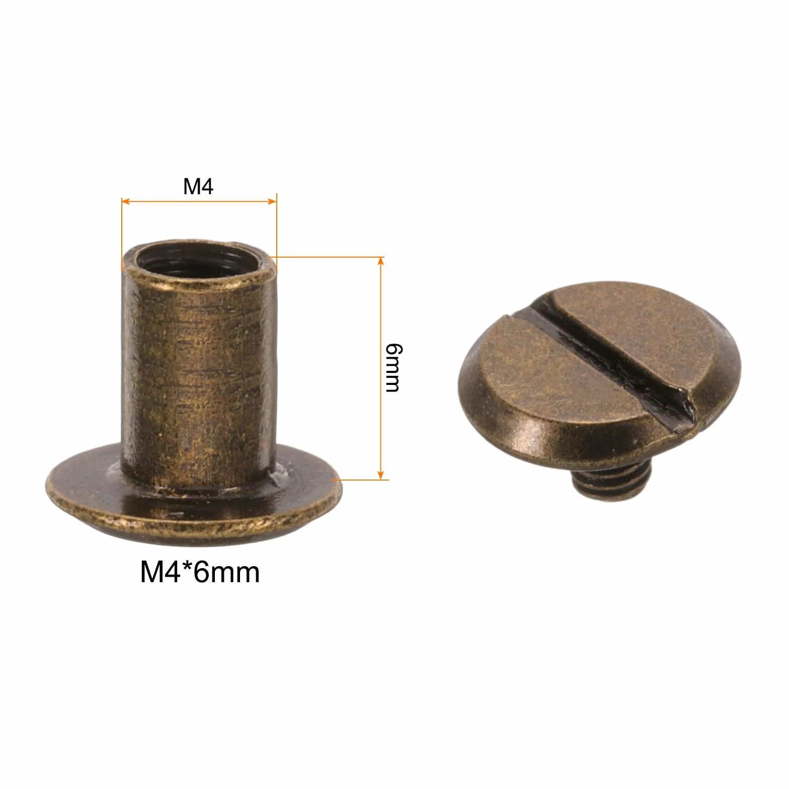 Set di 30 viti Chicago M4 x 6 mm in metallo con testa scanalata, rivetti a chiodo, bronzo