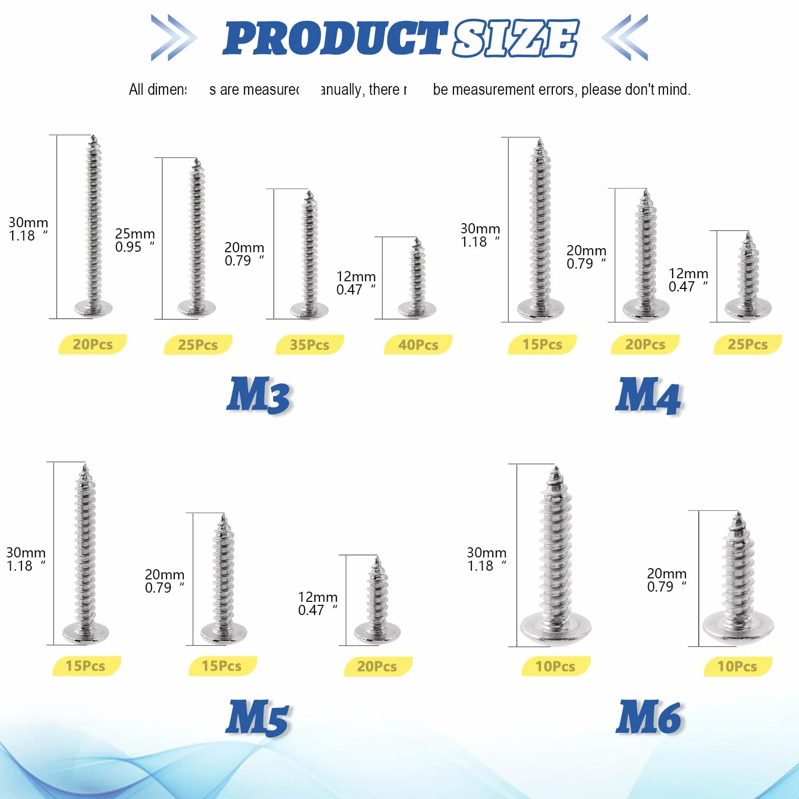Glarks 250 pezzi M3 M4 M5 M6 Metrico 304 Acciaio Inox Phillips Truss Head Viti Assortimento
