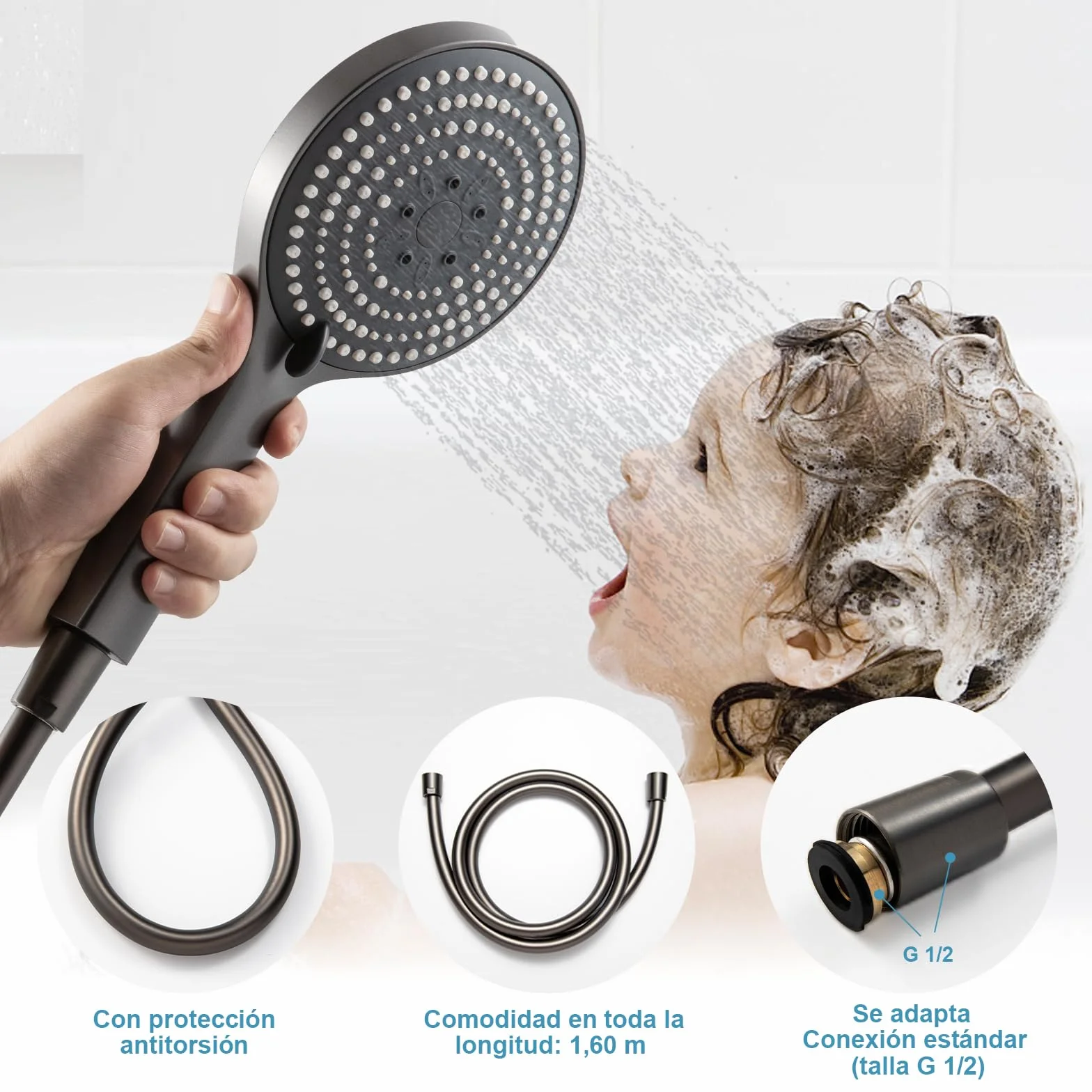 OFFO Soffione Doccia con Tubo,Flessibile da 1,6 m, con 6 Modalità Di Spruzzo,Soffione Doccia Grande con Tubo a Risparmio Idrico,Doccino per Doccia con Tubo a Mano per Il Bagno,Nero Cromo