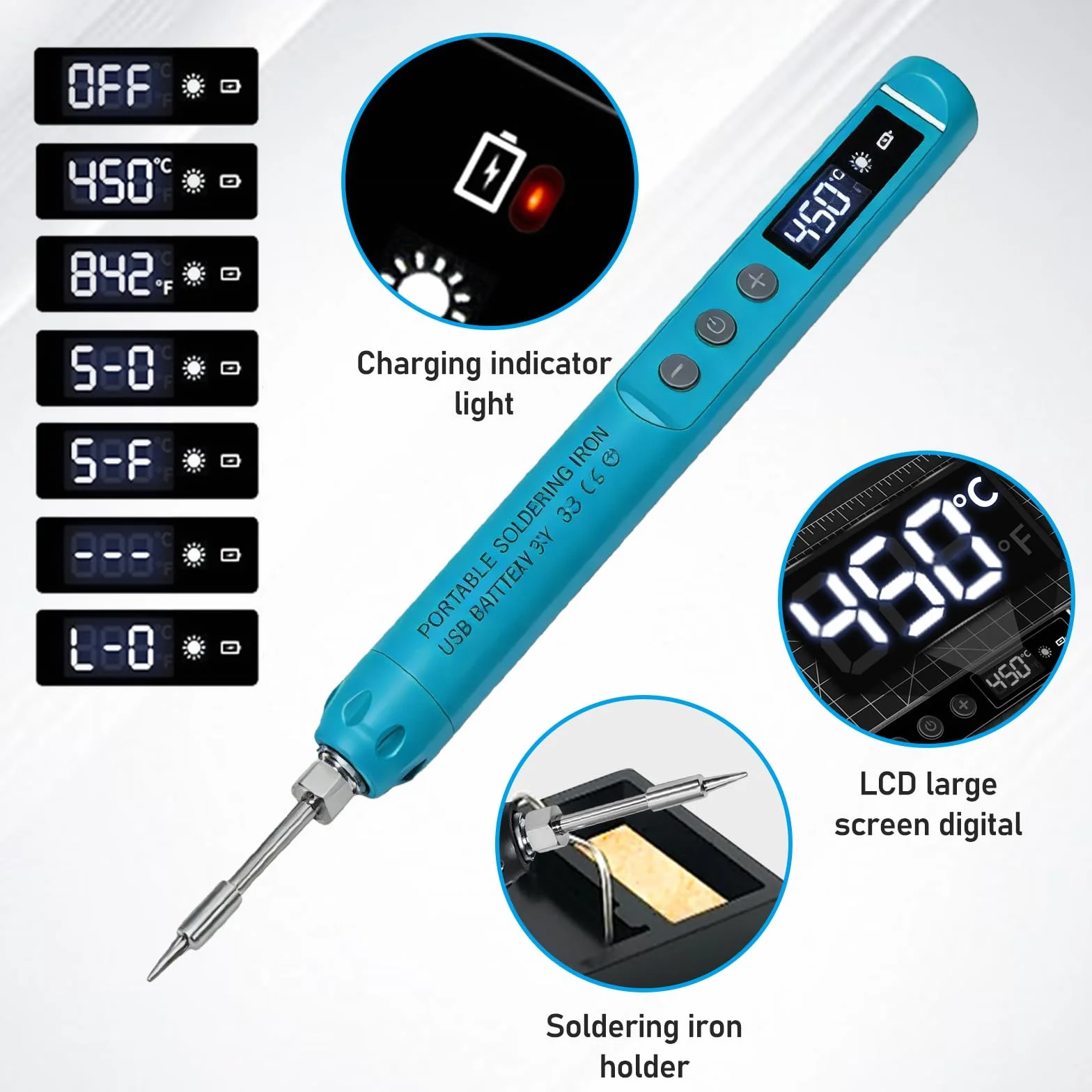Saldatore a Batteria con LCD, Temperatura Regolabile 200℃-450℃, Ricaricabile USB Senza Fili