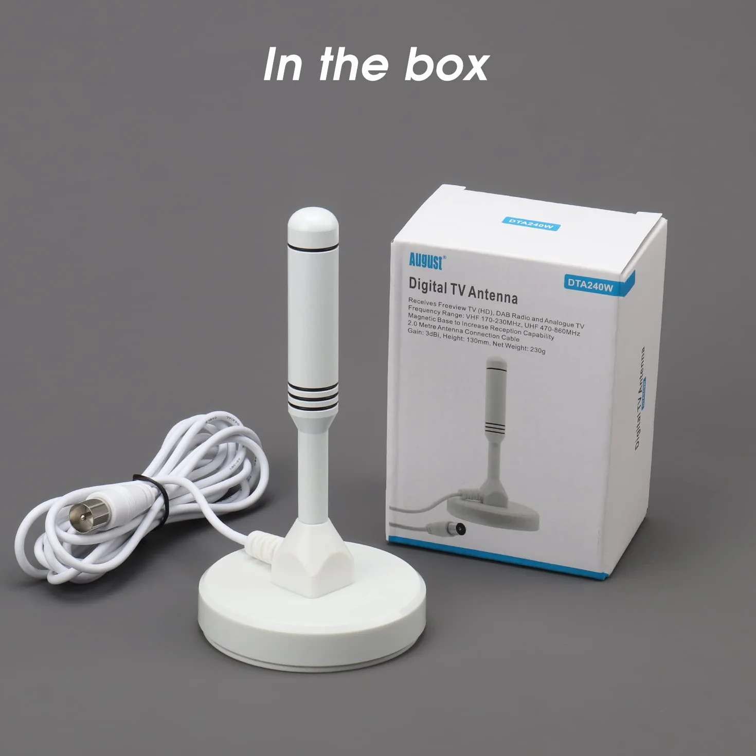 August DTA240 Antenna TV Interieur TNT HD potente Belgio, Digital e Digital UHD, Magnetica Magnetica, Piccola, Portatile, Discreta, UHF VHF per Soggiorno, Caravan Camping-Car, Cavo 2m - Bianco