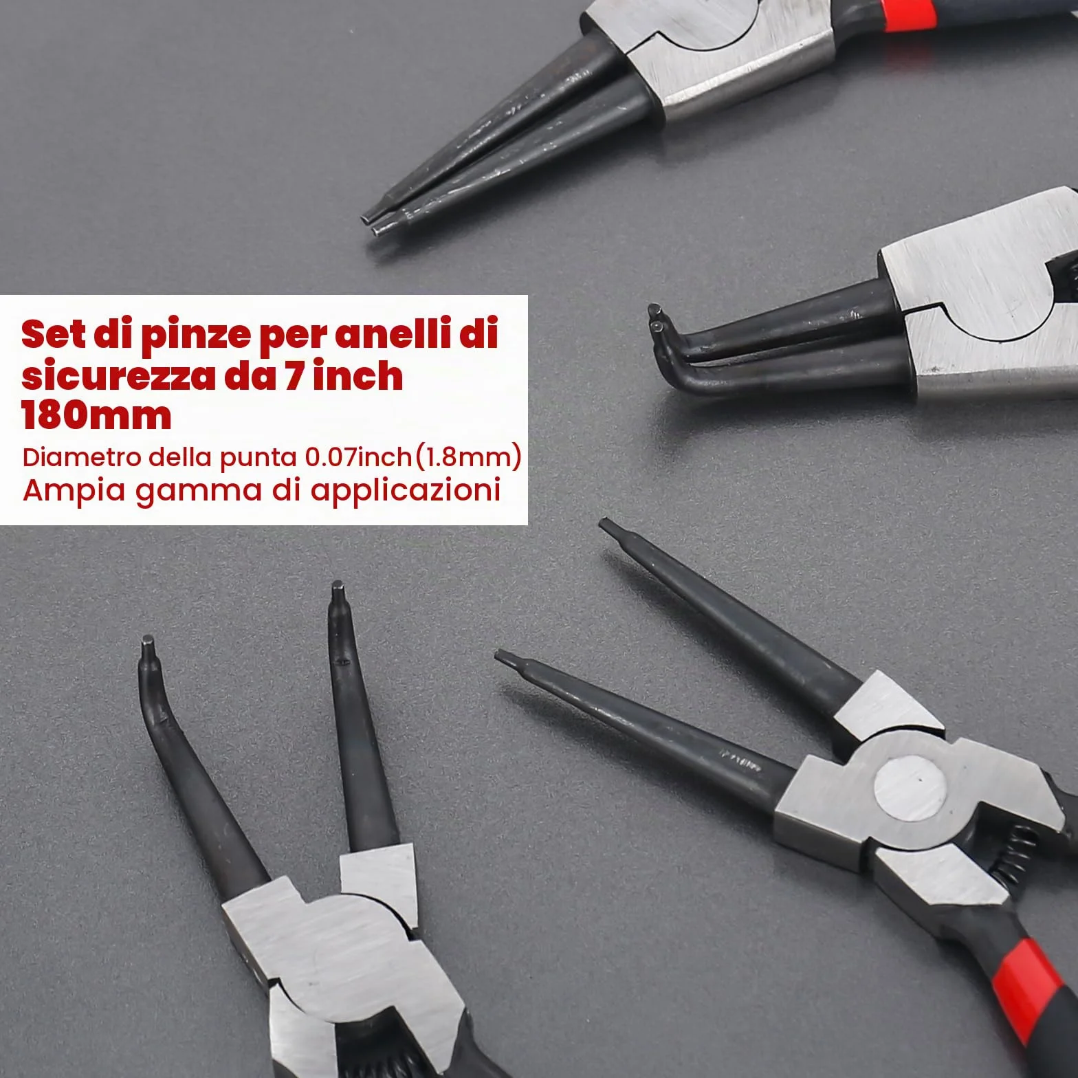 Set di 4 pinze per anelli elastici 180 mm dritte e angolate con borsa