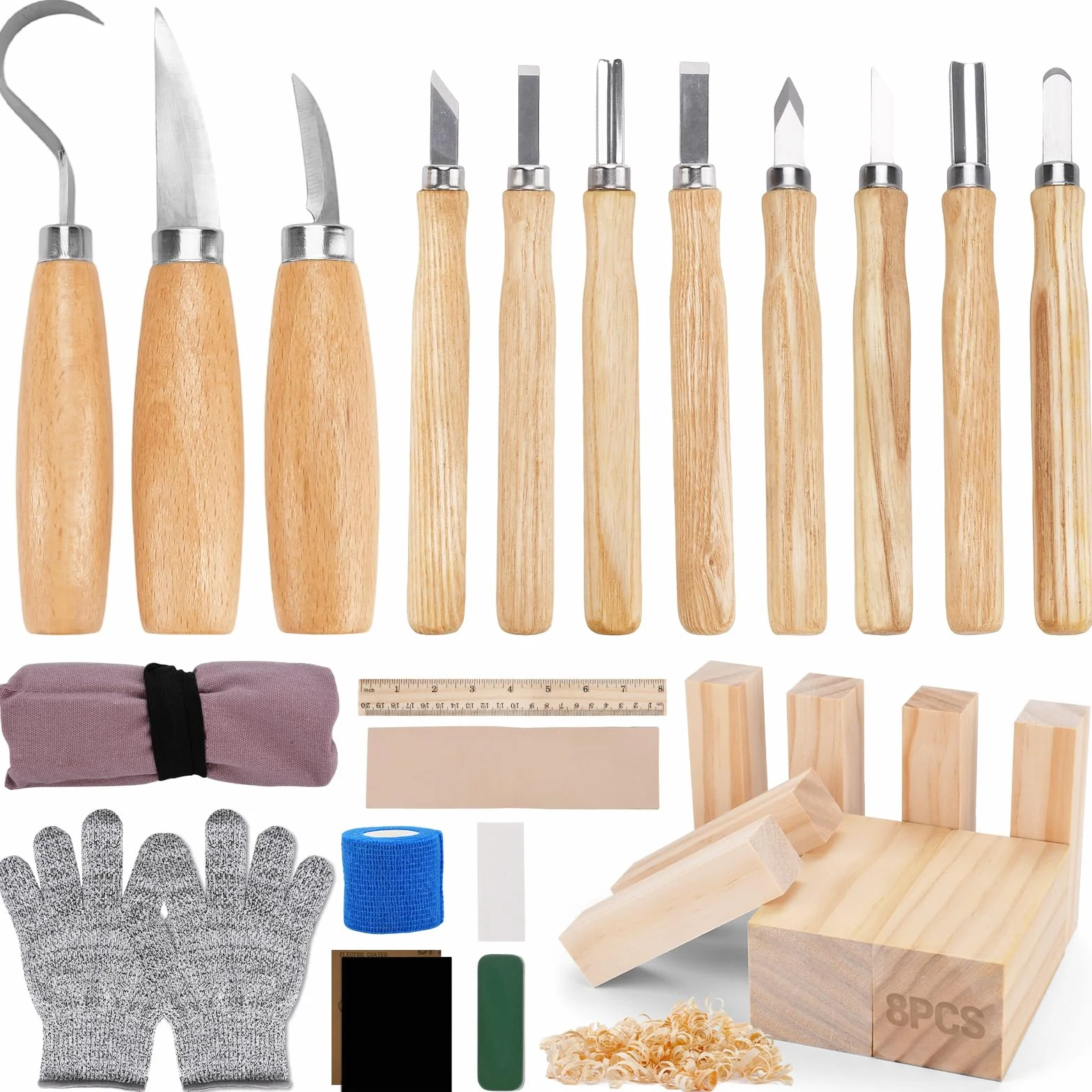 Kit Intaglio Legno 28 Pcs,Strumenti per Intaglio del Legno con Coltelli da Intaglio,Scalpelli,Blocchi di Legno e Guanti,Set di Coltelli da Intaglio per Principianti,Hobbisti e Regalo Creativo