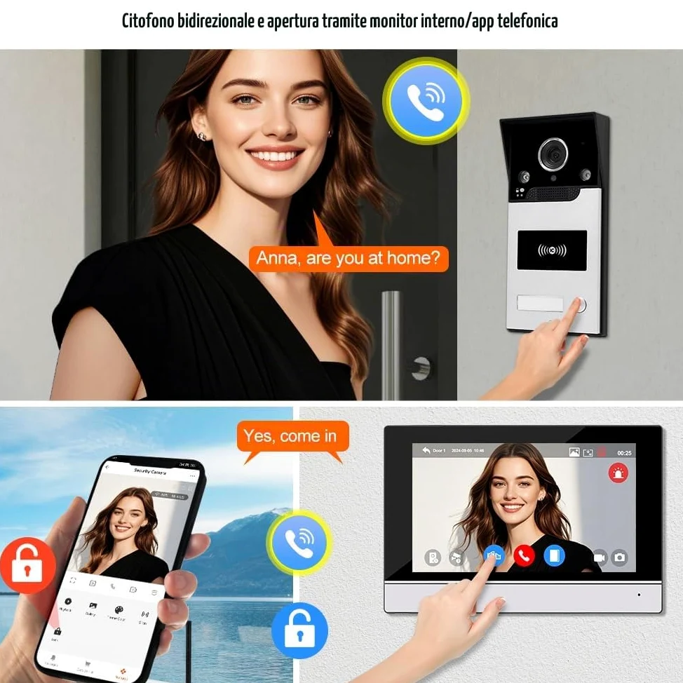 WiFi Video Interfono Sistema di Ingresso a Campanello, 7inch 1080P HD Videocamera a Campanello Visione Notturna IR, Registrazione di Supporto, Scheda RFID/TUYA APP Sblocco