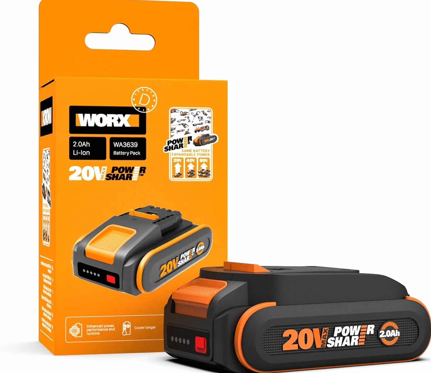 WORX WA3639 PowerShare 20V 2.0Ah batteria agli ioni di litio con indicatore di carica