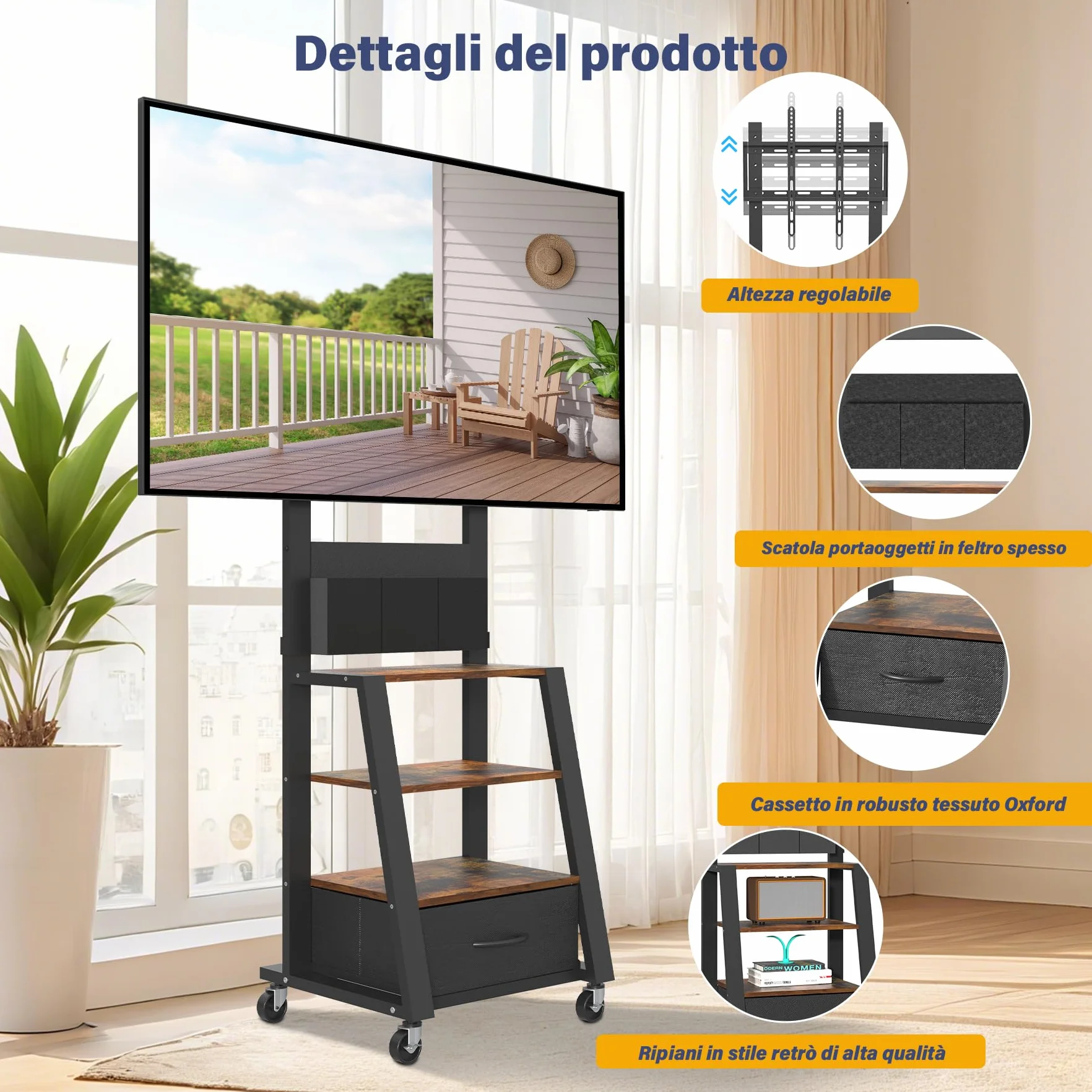 Mobile porta TV con ruote, cassetto e 3 ripiani per TV piatti/curvi da 23"-60", mas 72 kg, per LCD/LED/OLED. Carrello mobile con altezza regolabile per casa, ufficio e esterni, VESA mas 400x400mm