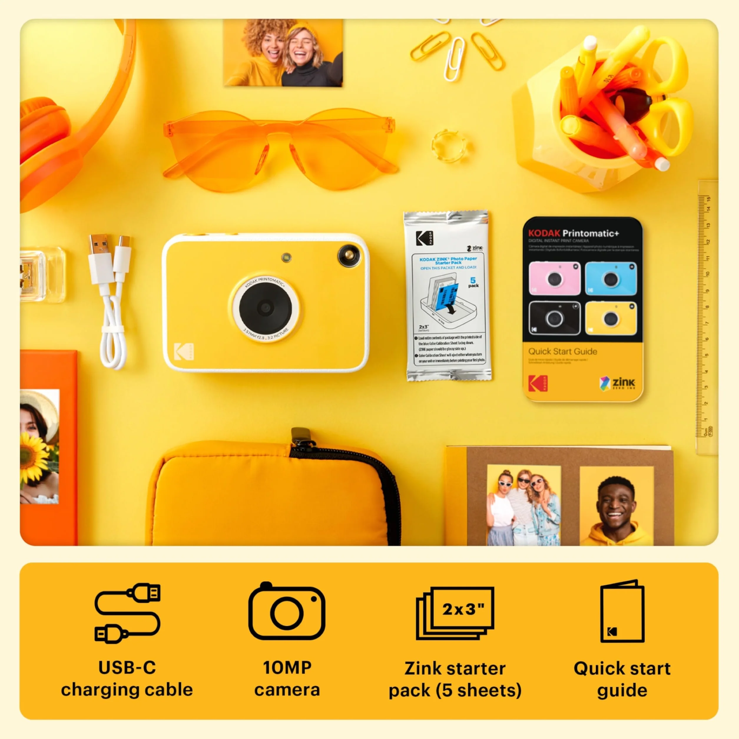 KODAK Printomatic+ Fotocamera Istantanea 10MP Kit Iniziale (Rosa) con Custodia, RGB LED e Carta Adesiva Zink 20pz – Giallo