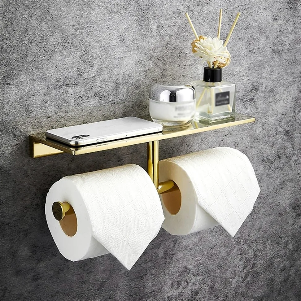 Portarotolo Doppio for Carta igienica con ripiano, portarotolo da Parete for Bagno, Dispenser for Carta igienica Commerciale in Ottone con ripiano for Telefono(White,30cm)