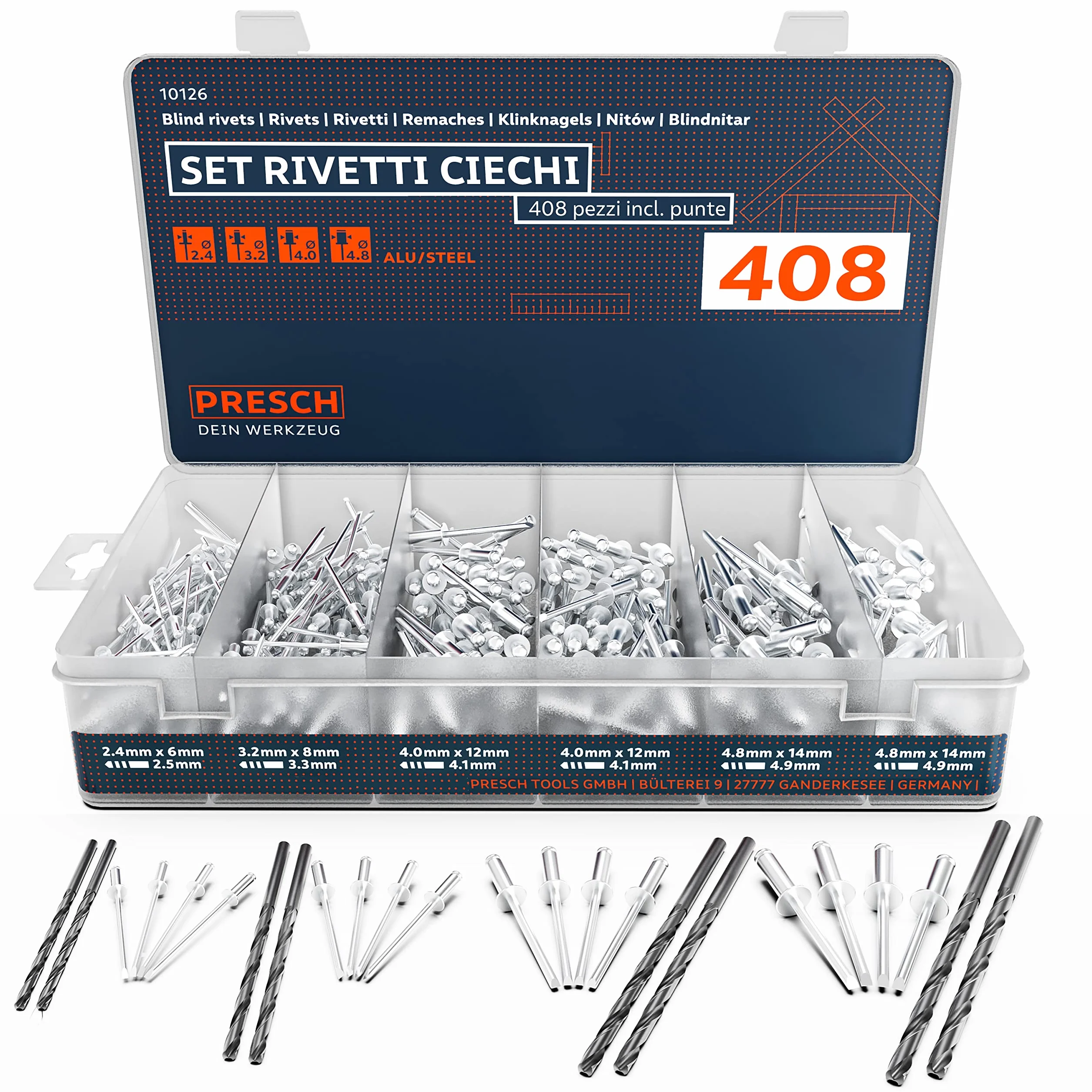 Presch Set rivetti ciechi 408 pezzi - Assortimento rivetti alluminio/acciaio 2,4-4,8mm con punte HSS 2,5-4,9mm