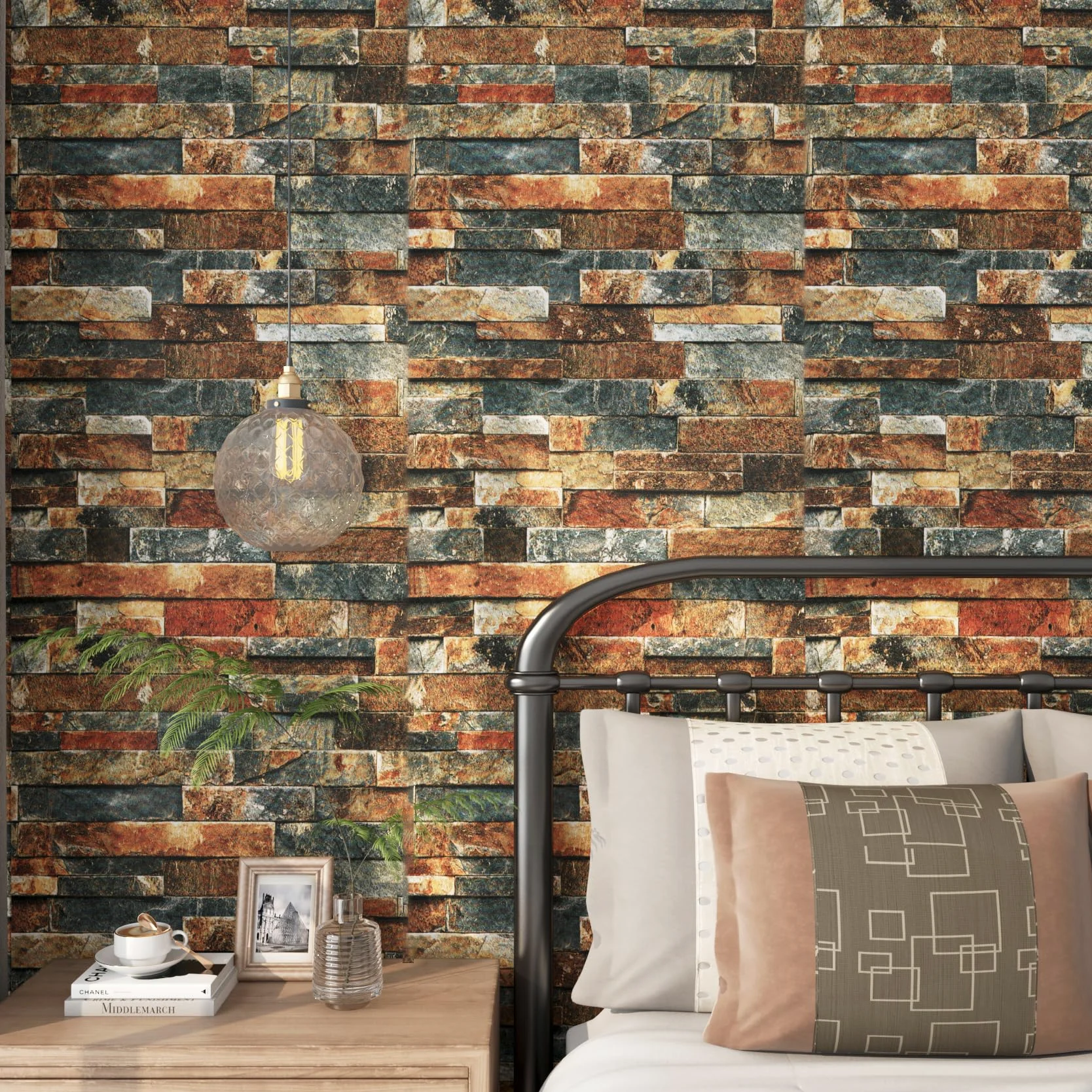 FunStick 40CM×12M Carta da Parati Adesiva Mobili Vintage Mattone Pietra Carta Adesiva per Mobili Mattoni Paraschizzi Parete Cucina Marrone Rosso Blu Pellicola Adesiva per Armadio Effetto Mattoni 3D