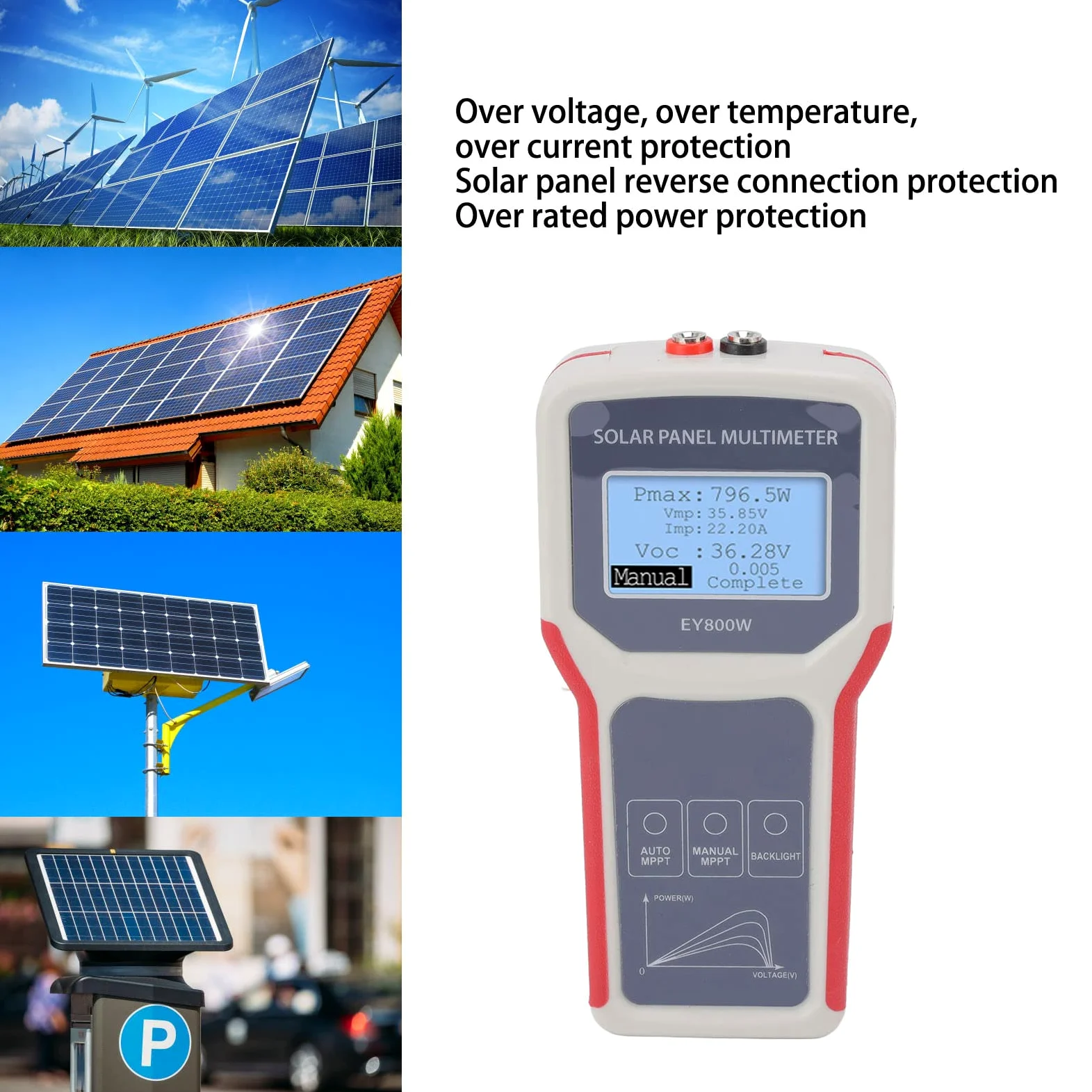 lyrlody Multimetro per Pannelli Solari Tester per Pannelli Solari LCD ABS da 5 A 800 W da 12 A 60 V da 0 A 35 A Rilevamento MPPT Test di Tensione A Circuito Aperto per Installatori Produttori