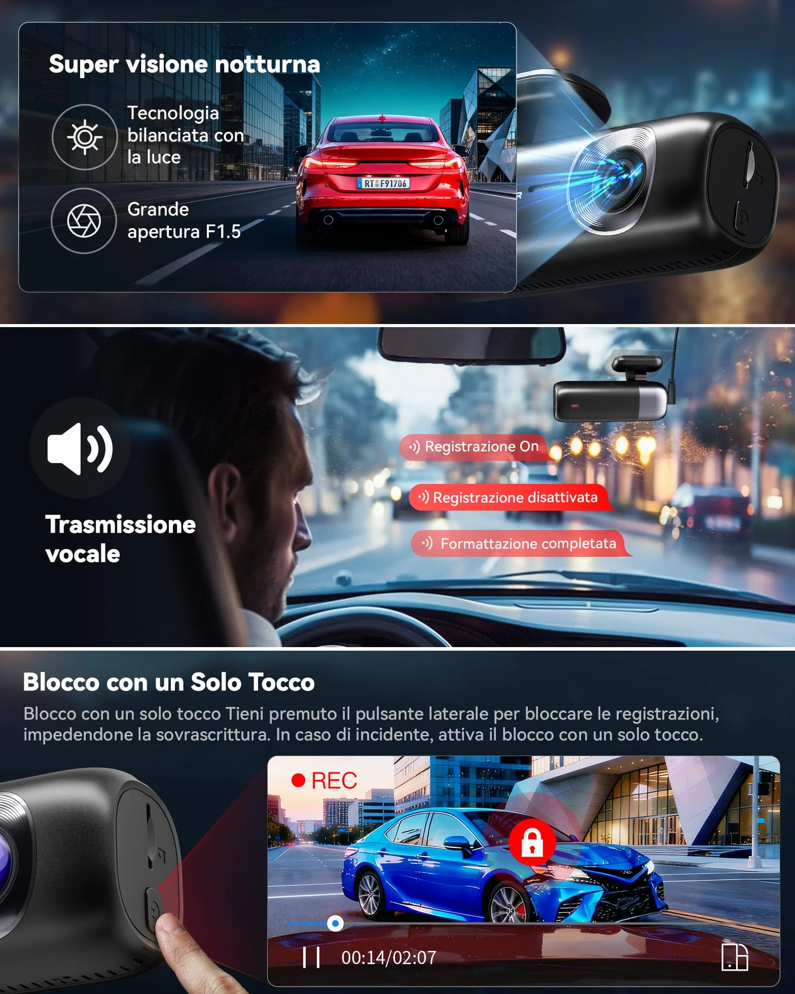 REDTIGER Dash Cam Auto 4K + 1080P, Anteriore e Posteriore, Dashcam Auto con WiFi e GPS, Registrazione in Loop, Modalità Parcheggio, Controllo APP,Supporto Massimo 256 GB(F9)