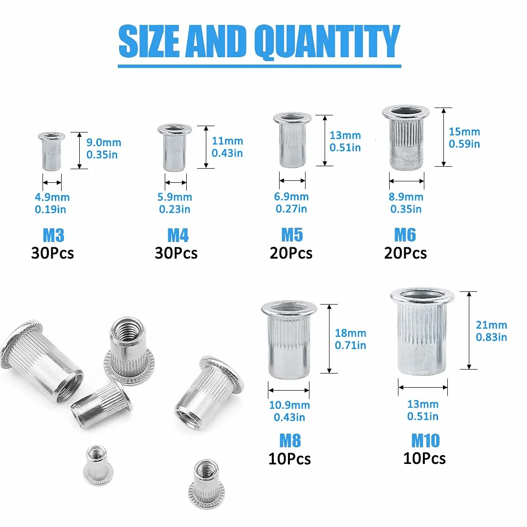 Dado Rivetto In Alluminio Testa Piatta Inserto Filettato Assortimento Kit M3 M4 M5 M6 M8 M10