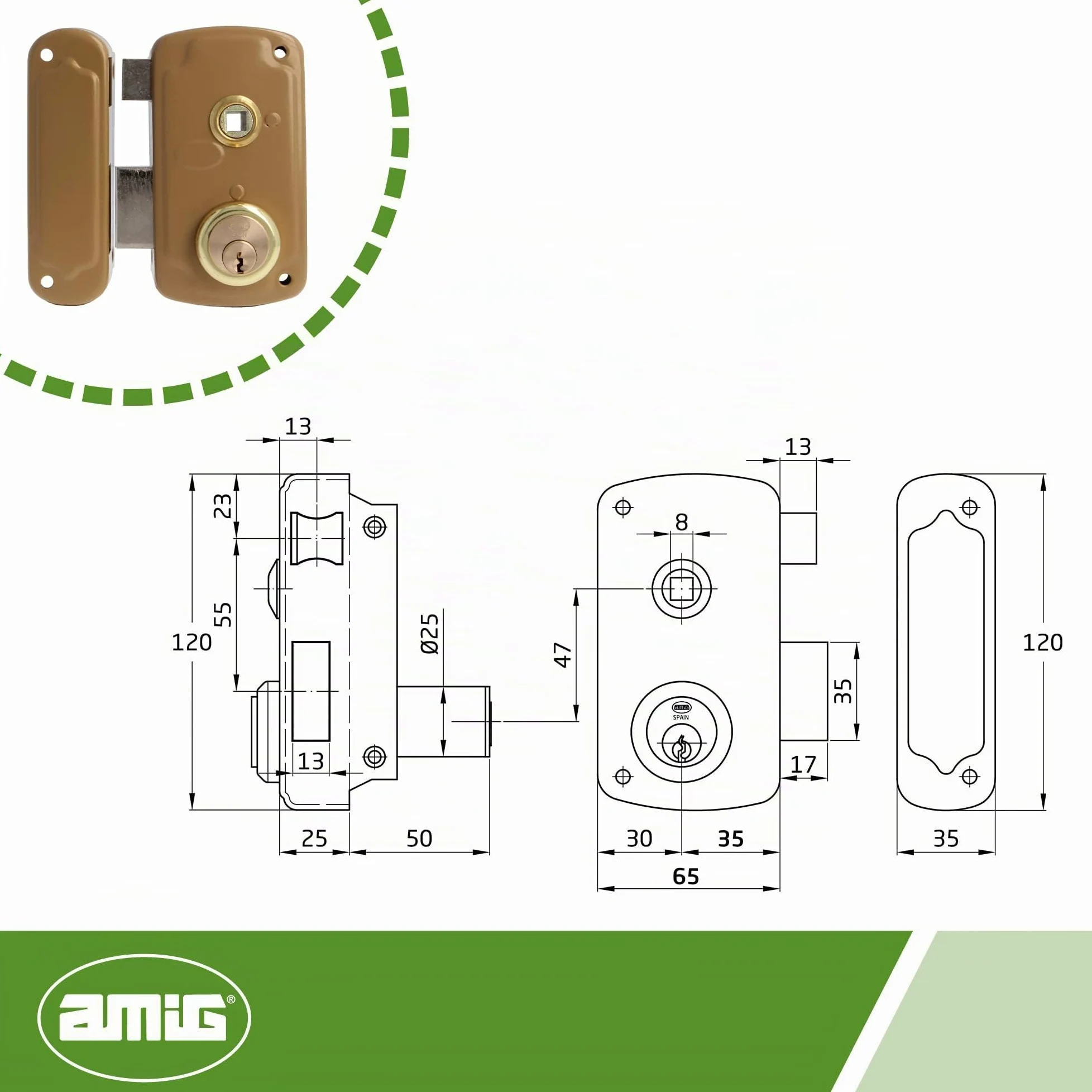Amig - Serratura da sovrapposizione a sinistra con leva di chiusura, linguetta e maniglia per porte in legno mod. 75UN 66 x 120 mm Cilindro rotondo di sicurezza in acciaio dorato