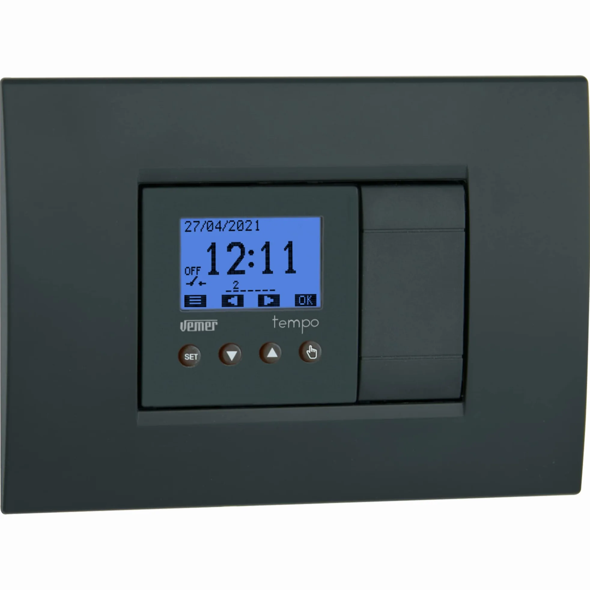 VEMER VE787500 TEMPO - Interruttore Digitale per Programmazione Oraria o Astronomica, Timer ideale per Tapparelle, Luci, Cancelli, Installazione Scatola da Incasso (2 moduli), Bianco/Grigio Antracite